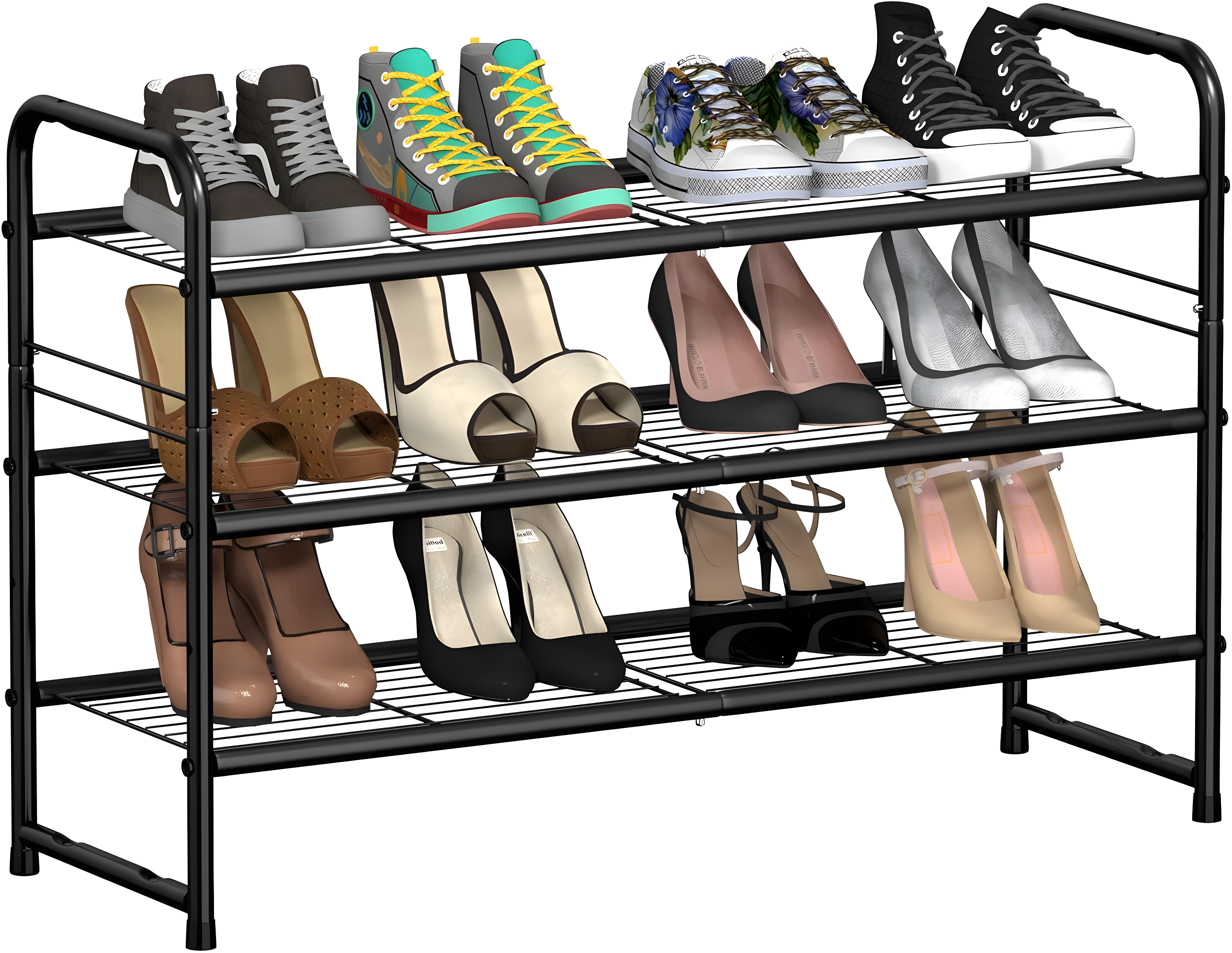 YASONIC Shoe Rack Storage Organizer, 3-Tier Black Shoe Shelf, 24 Pairs, Iron Poles & Plastic Connectors
