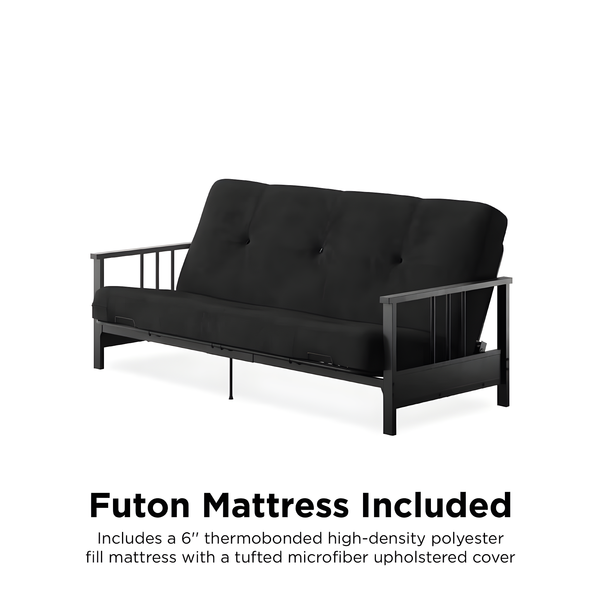 DHP Harlow Full Metal Arm Futon with 6-Inch Thermobonded High Density Polyester Fill Black Microfiber Mattress