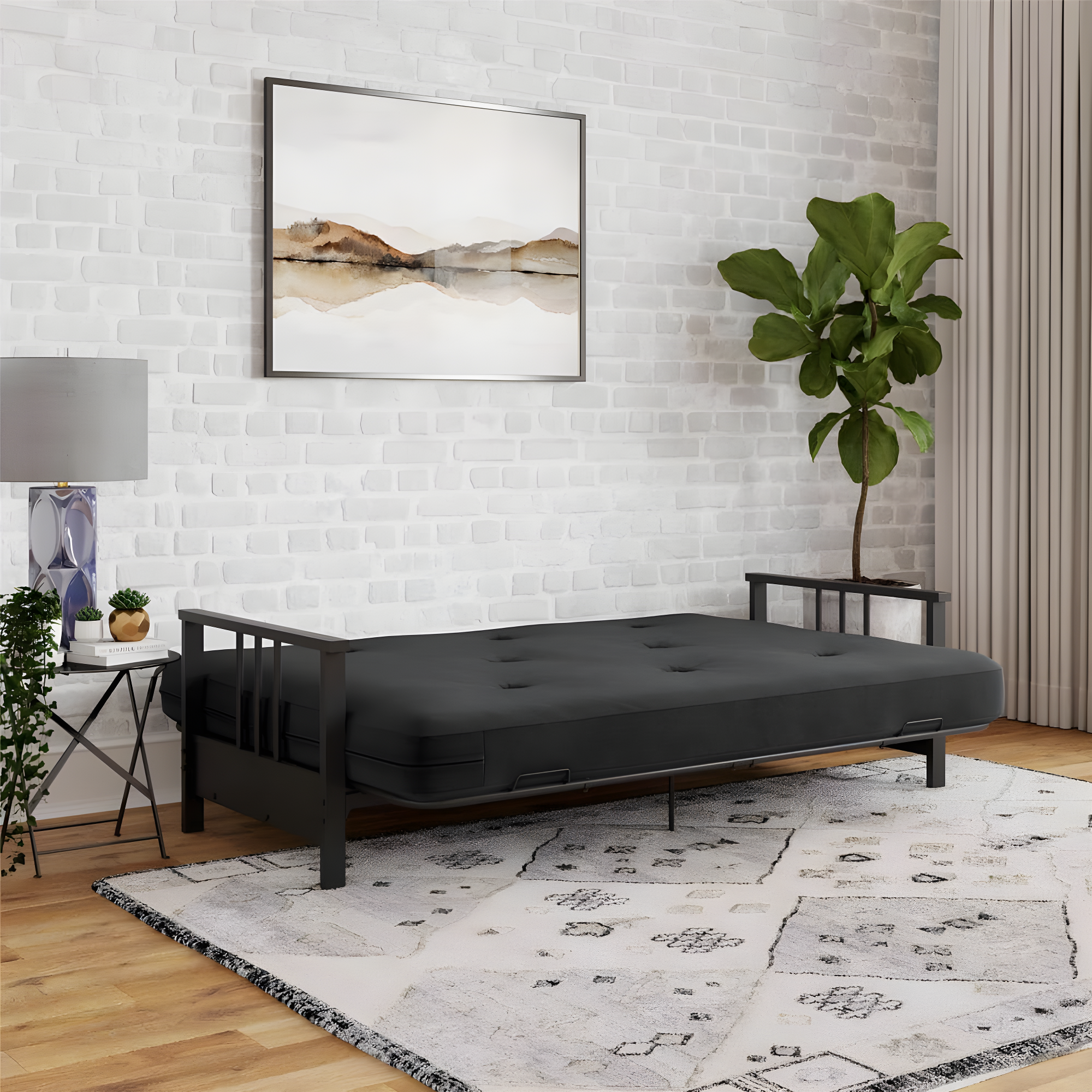 DHP Harlow Full Metal Arm Futon with 6-Inch Thermobonded High Density Polyester Fill Black Microfiber Mattress