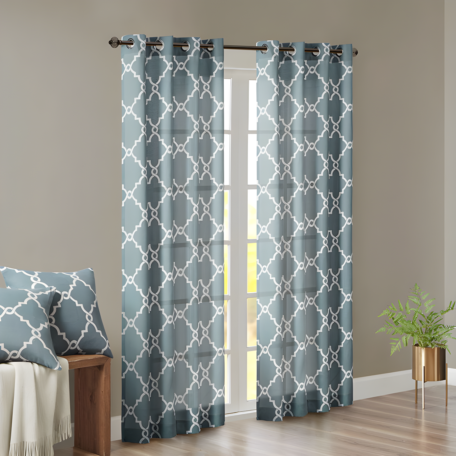 Fretwork Print Grommet Top Window Curtain Panel