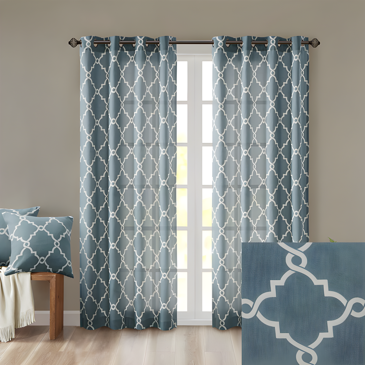 Fretwork Print Grommet Top Window Curtain Panel