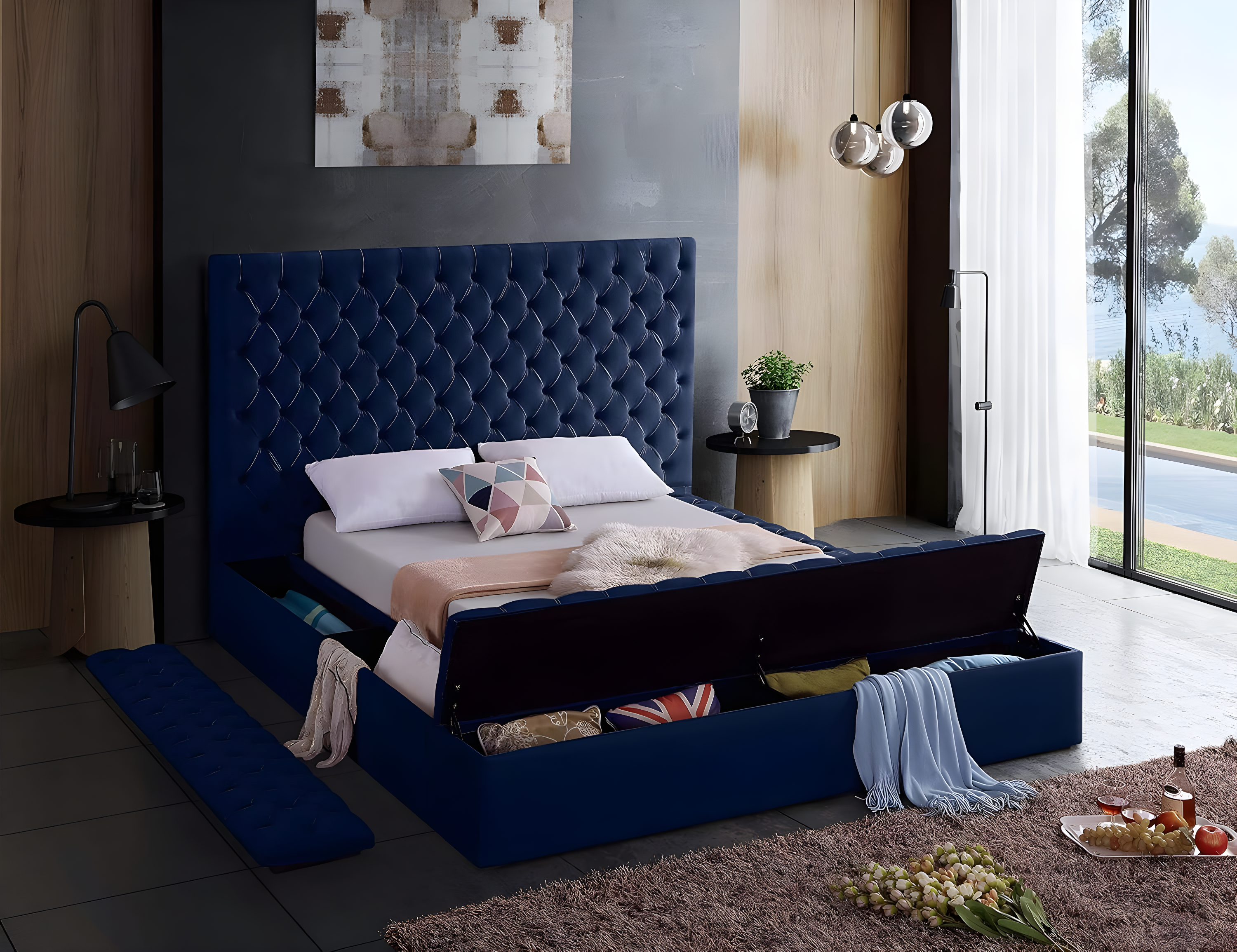 Bliss Navy Velvet King Bed (3 Boxes)-Color:Navy Velvet,Style:Contemporary