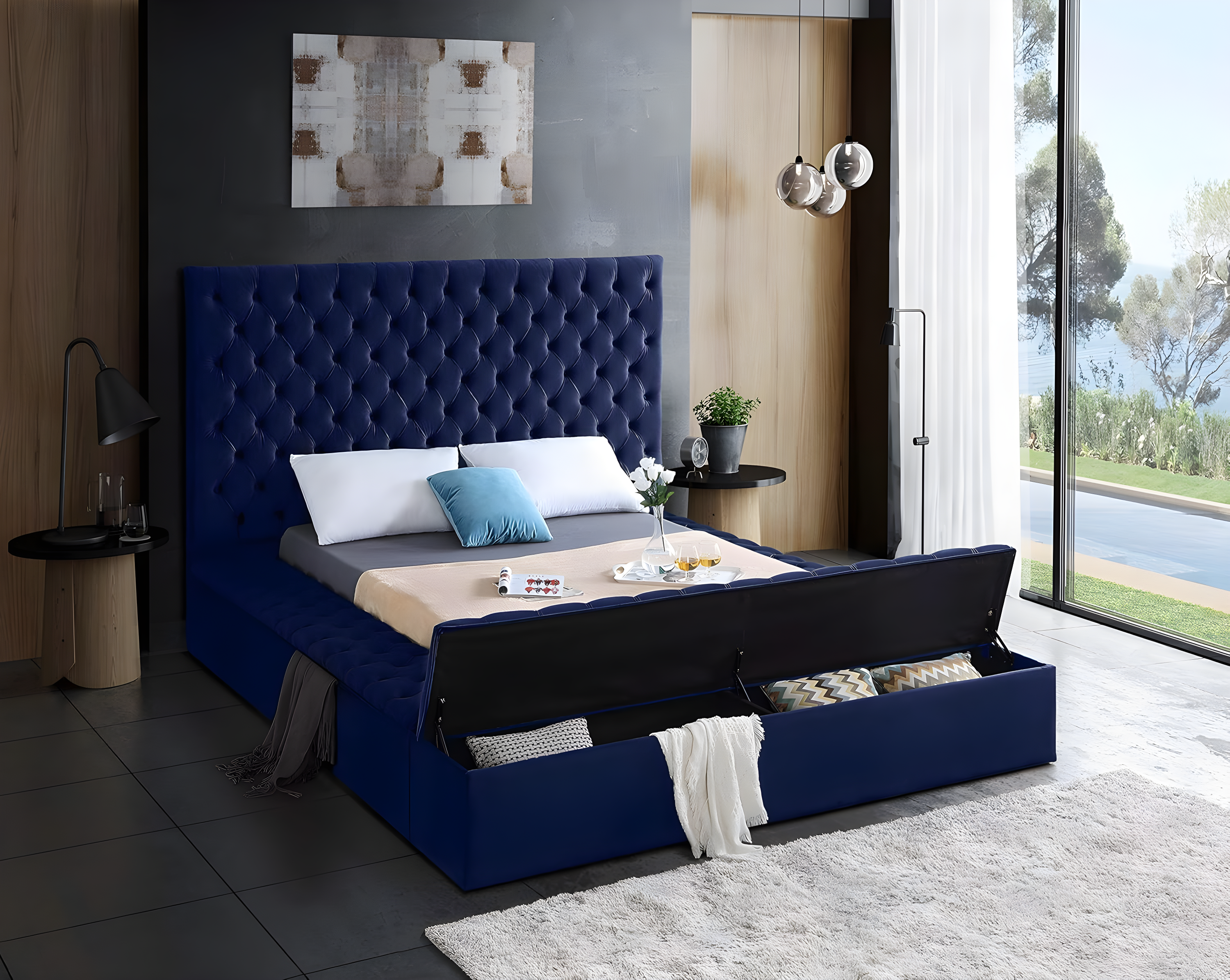 Bliss Navy Velvet King Bed (3 Boxes)-Color:Navy Velvet,Style:Contemporary