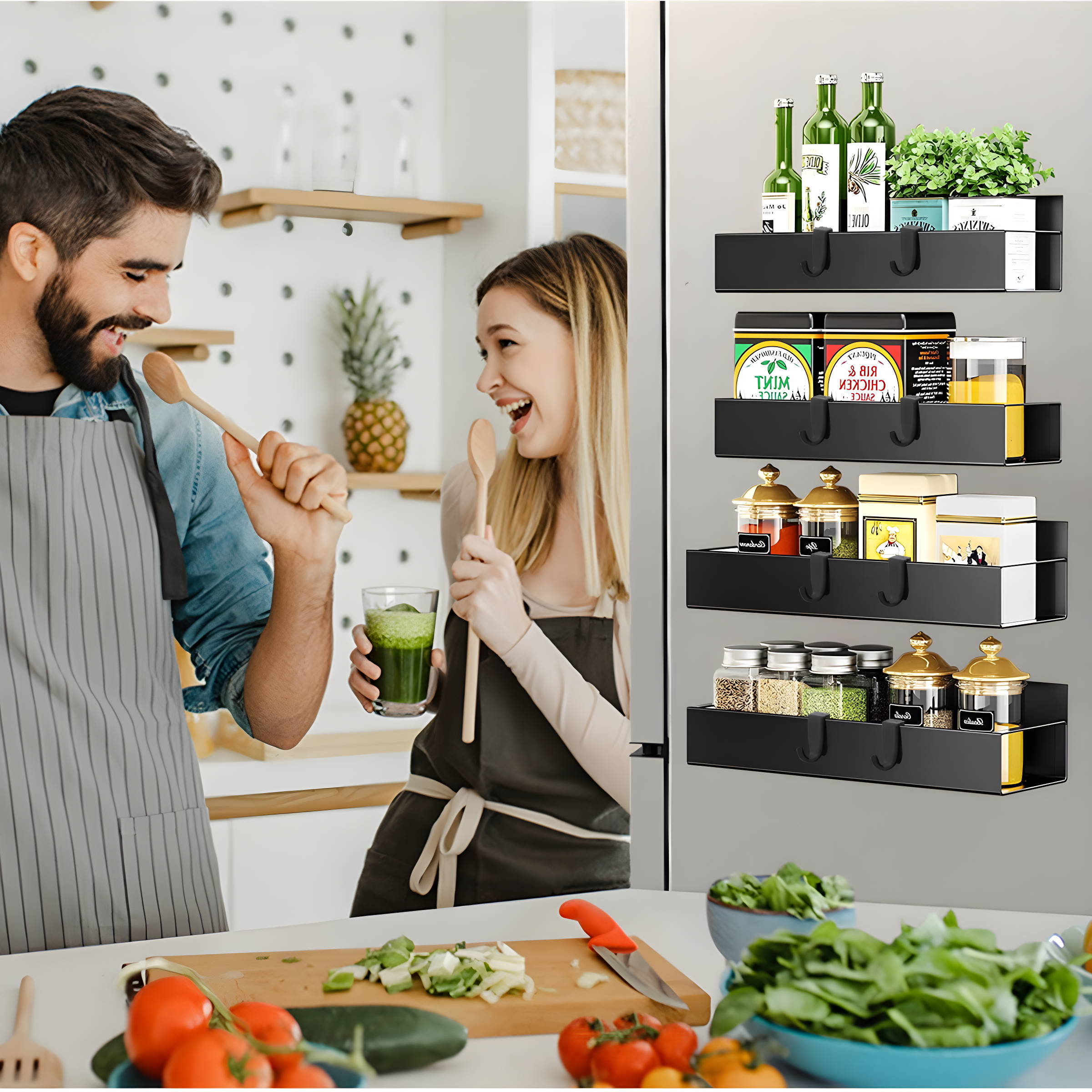 Textiles Hub 4 Pack Magnetic Spice Rack For Refrigerator, Moveable Magnetic Spice Organizer, Black Metal Strong Magnetic Shelf For Fridge And Microwave Oven, Space Saving For Kitchen