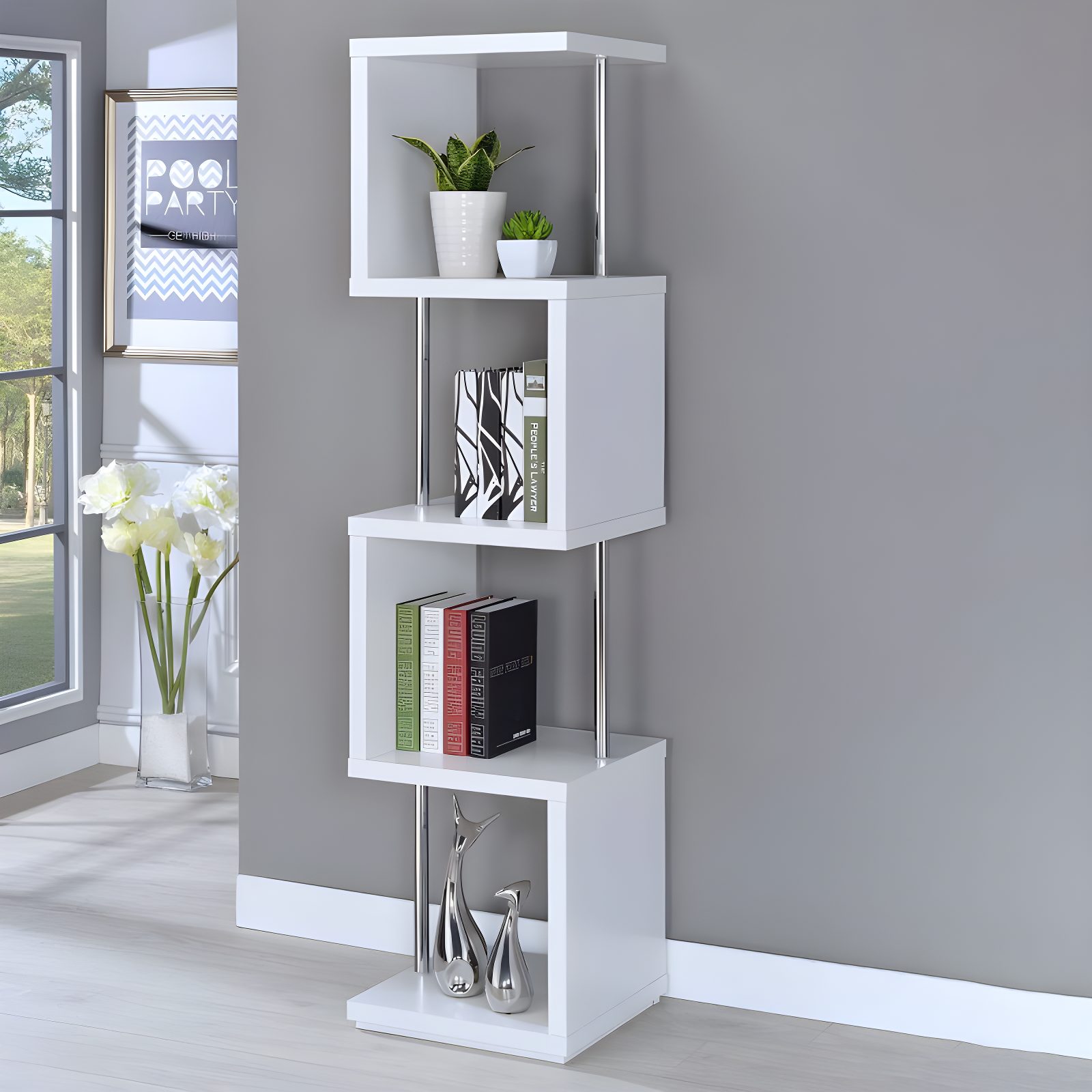 66.5" Baxter 4 Shelf Zig Zag Bookcase with Chrome Details White - Coaster: Modern Laminated Storage Display