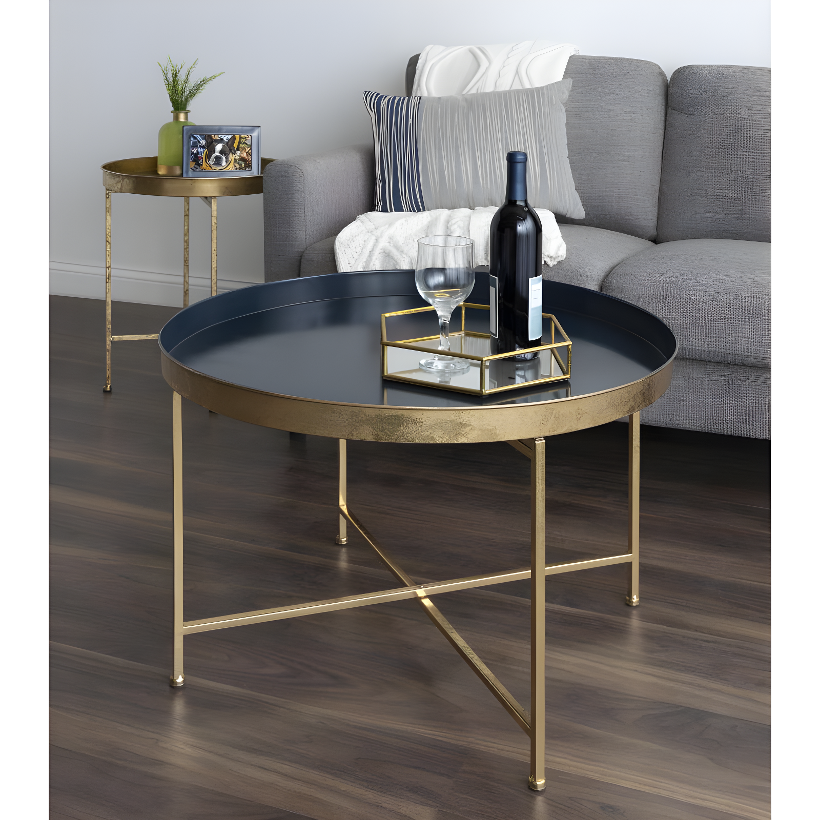 Kate and Laurel Celia Round Metal Coffee Table, 28.25x28.25x19, Navy Blue and Gold