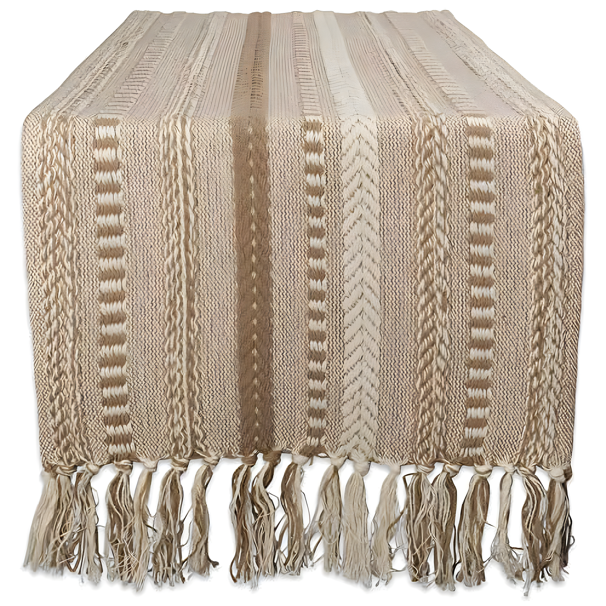 Design Imports  Braided Stripe Jacquard Fringe Table Runner, 15X72", Stone