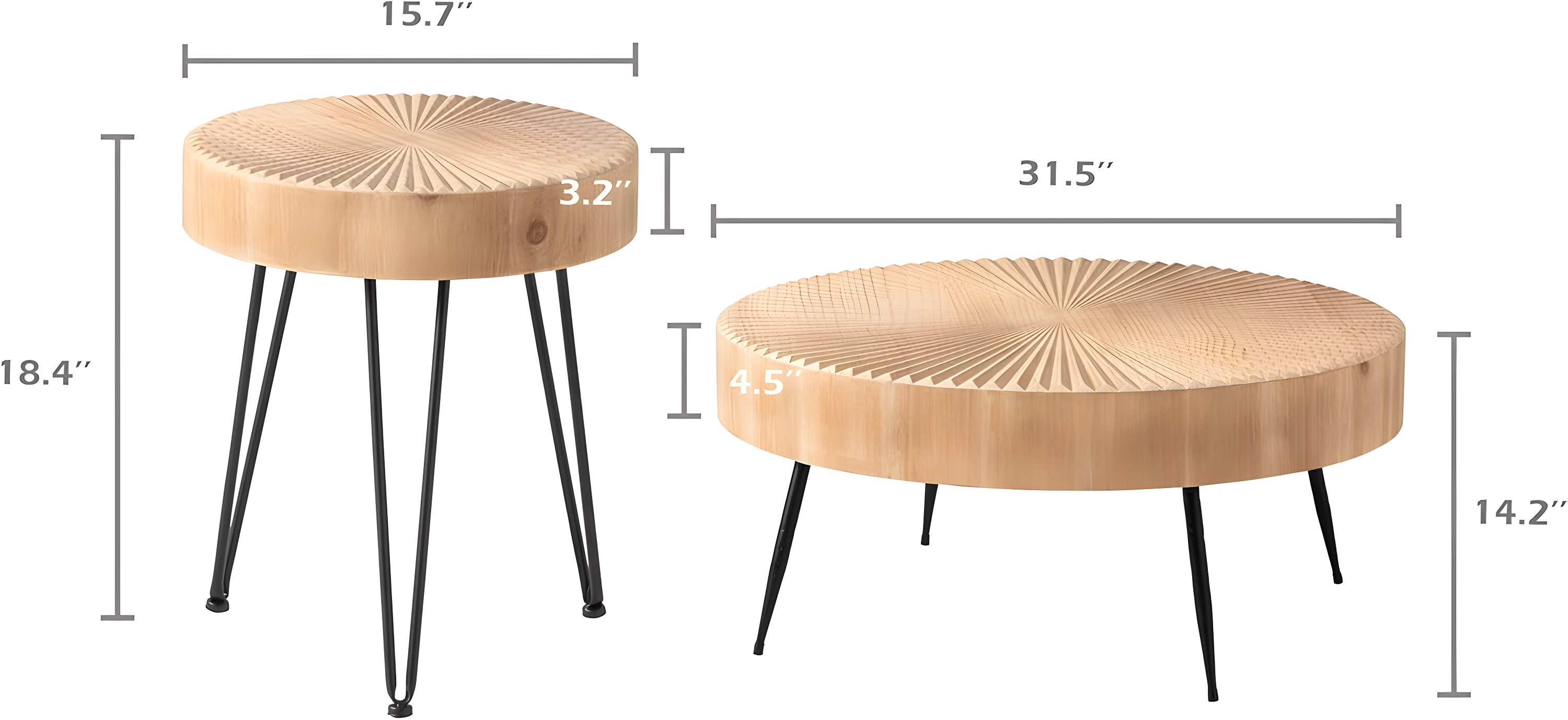 COZAYH 2-Piece Modern Farmhouse Living Room Coffee Table Set, Nesting Table Round Natural Finish with Handcrafted Wood, Radial Pattern