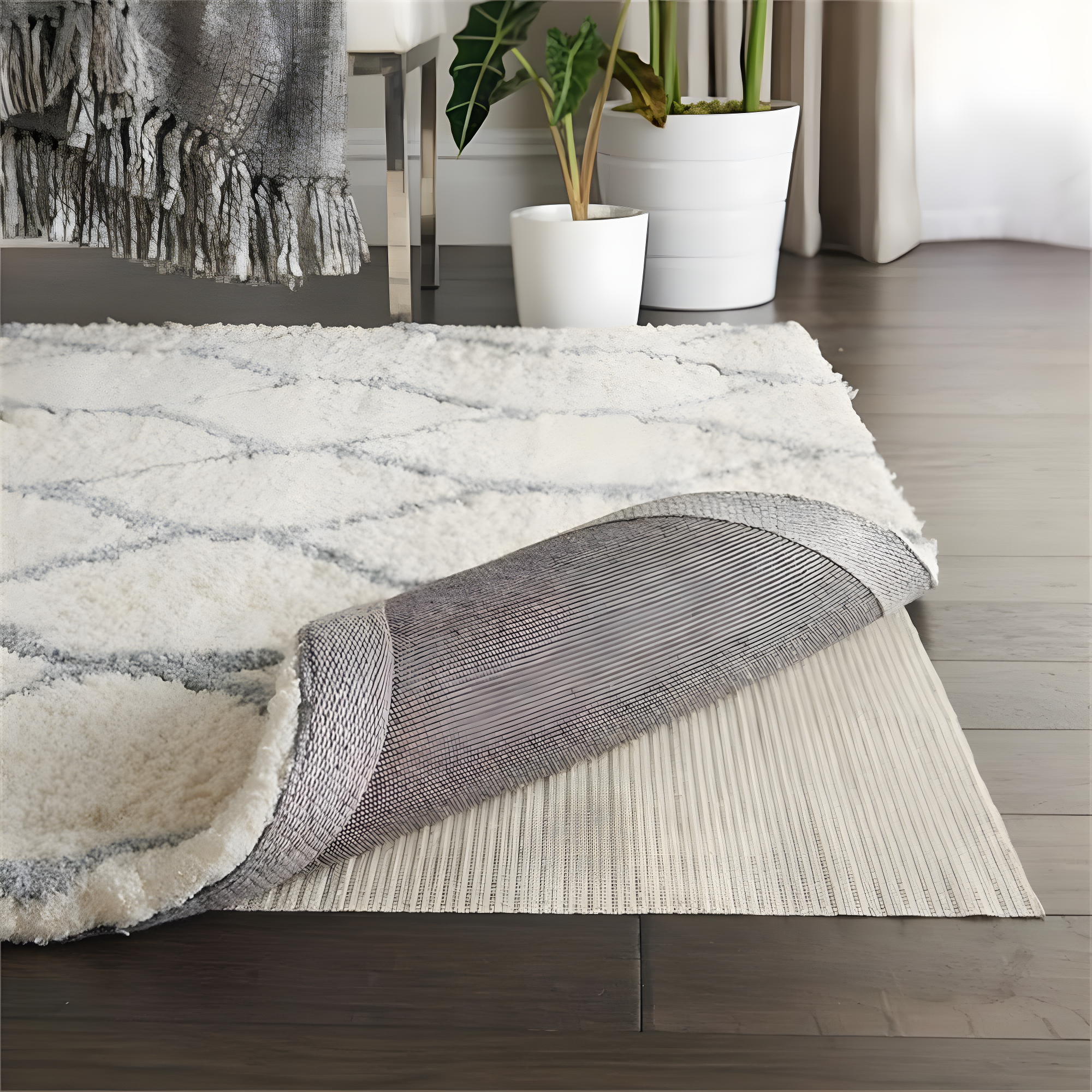 Ebern Designs Rectangle Shiftloc Solid Color Machine Made Polyester/Plastic/Acrylic Area Rug in Ivory