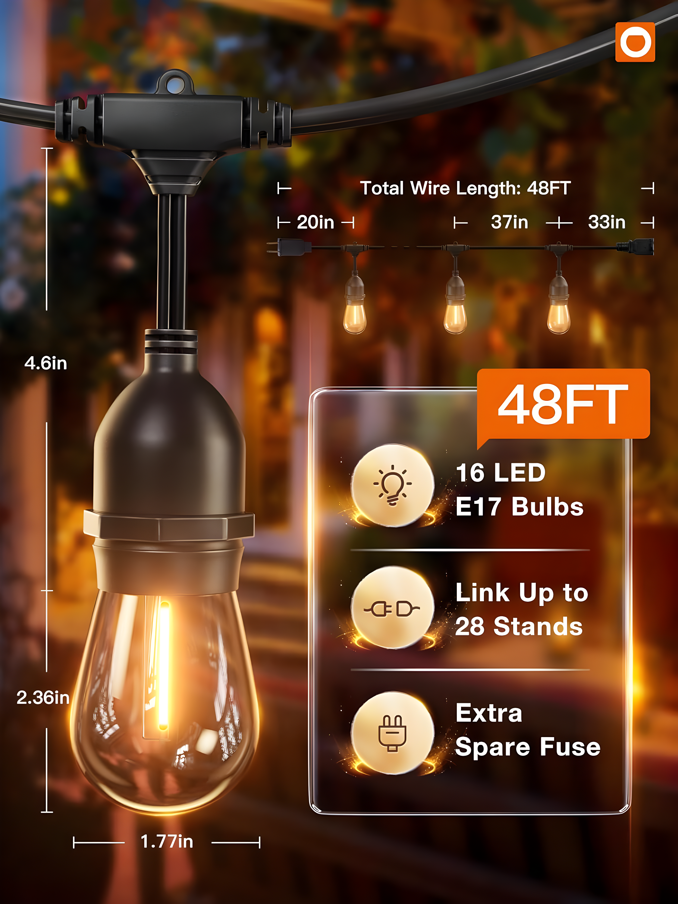 addlon 48 FT Outdoor String Lights Commercial Grade Weatherproof Strand, 18 Edison Vintage Bulbs, 15 Hanging Sockets (3 Spare Bulbs), ETL Listed Heavy-Duty Decorative Christmas Lights for Patio Garden