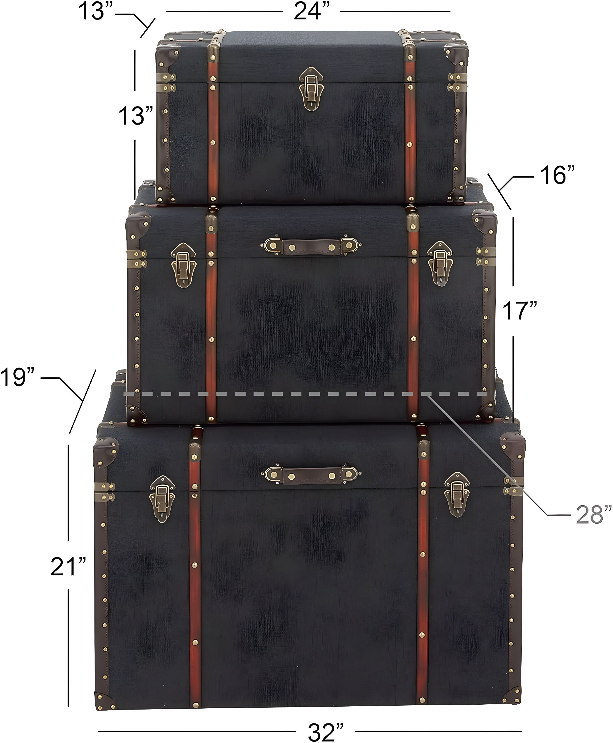 DecMode 24" x 13" Blue Linen Fabric Nesting Upholstered Trunk with Buckle Hinged Top, 3-Pieces