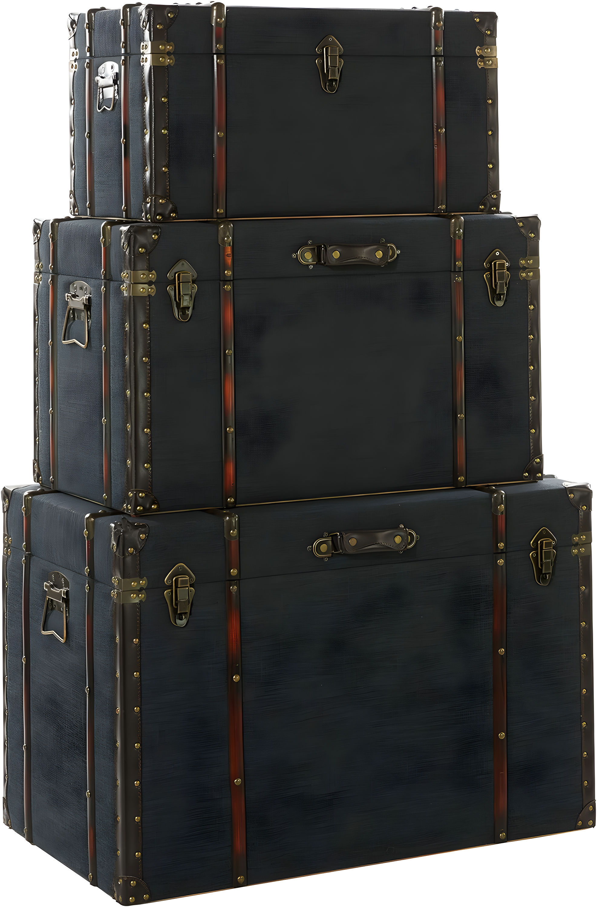 DecMode 24" x 13" Blue Linen Fabric Nesting Upholstered Trunk with Buckle Hinged Top, 3-Pieces