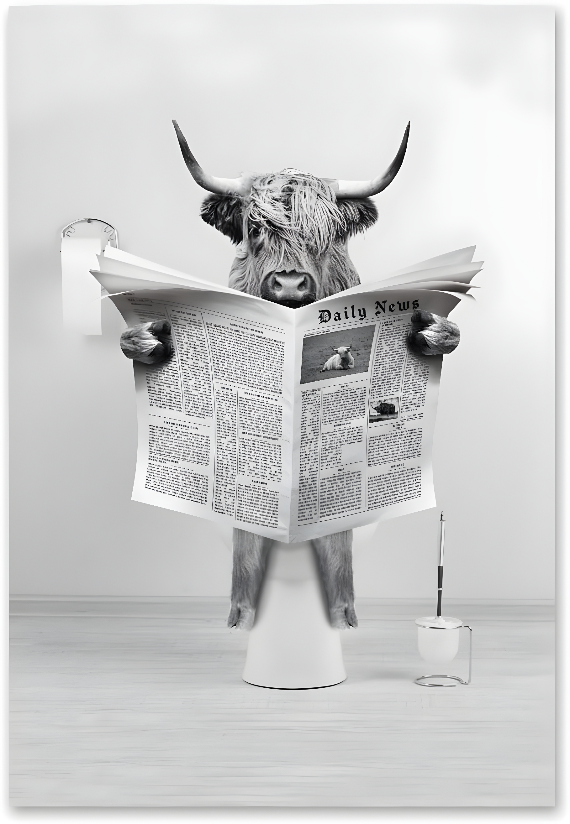 Modern Black Framed Highland Cow Wall Art Minimalist Bathroom Wall Decor Cute Funny Animals Artwork Canvas Prints Ready to Hang for Guest Bathroom, Hotel, Condo, Kids Bathroom, 12”x16”