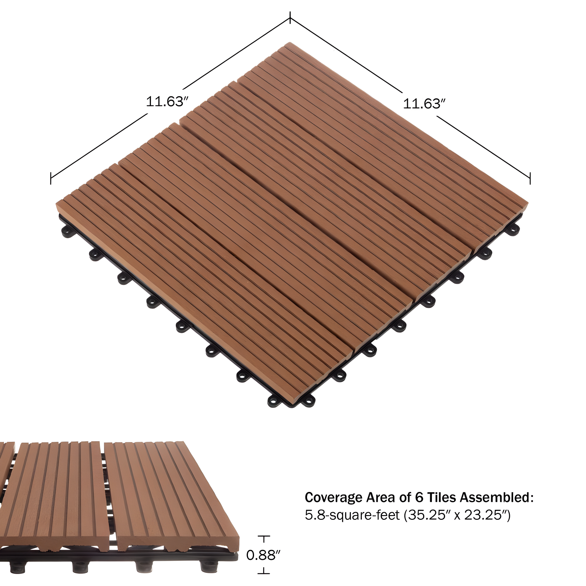 Deck Tiles - 6-Pack Wood Plastic Composite Interlocking Patio Tiles - 5.8SQFT Outdoor Flooring for Balcony, Porch, and Garage by Pure Garden
