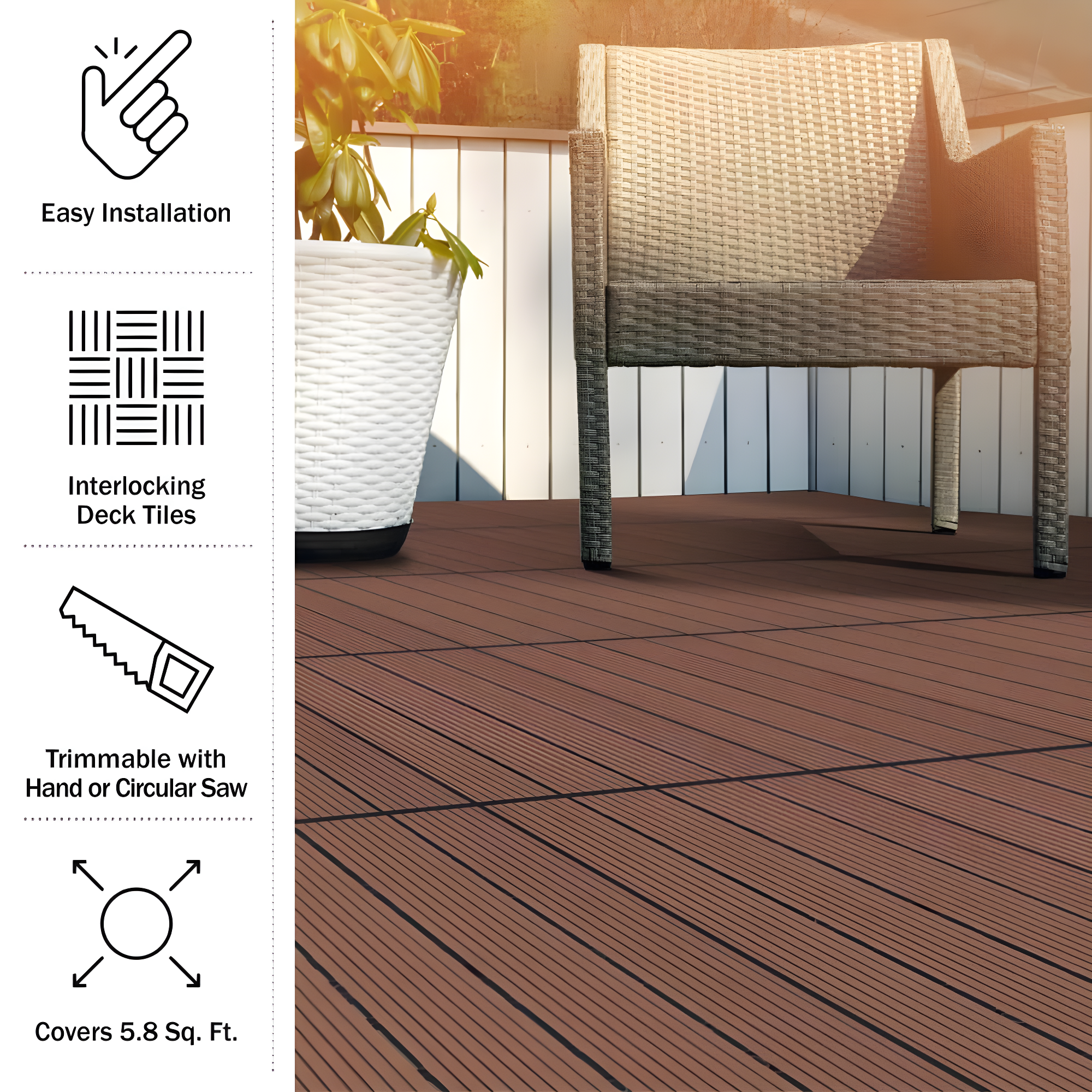 Deck Tiles - 6-Pack Wood Plastic Composite Interlocking Patio Tiles - 5.8SQFT Outdoor Flooring for Balcony, Porch, and Garage by Pure Garden