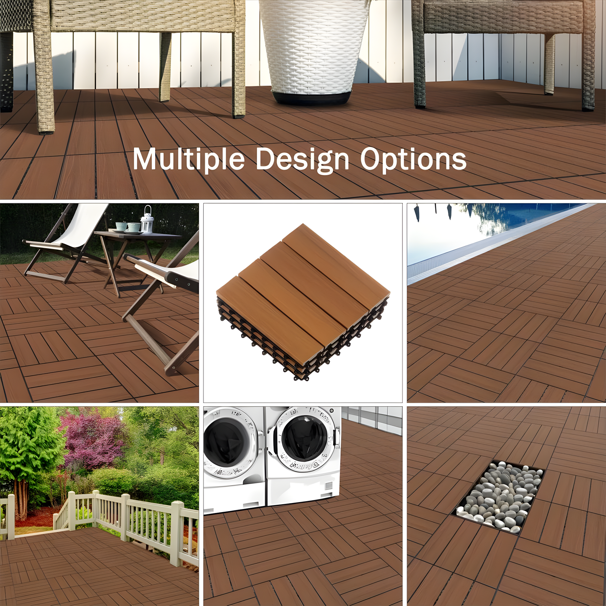 Deck Tiles - 6-Pack Wood Plastic Composite Interlocking Patio Tiles - 5.8SQFT Outdoor Flooring for Balcony, Porch, and Garage by Pure Garden