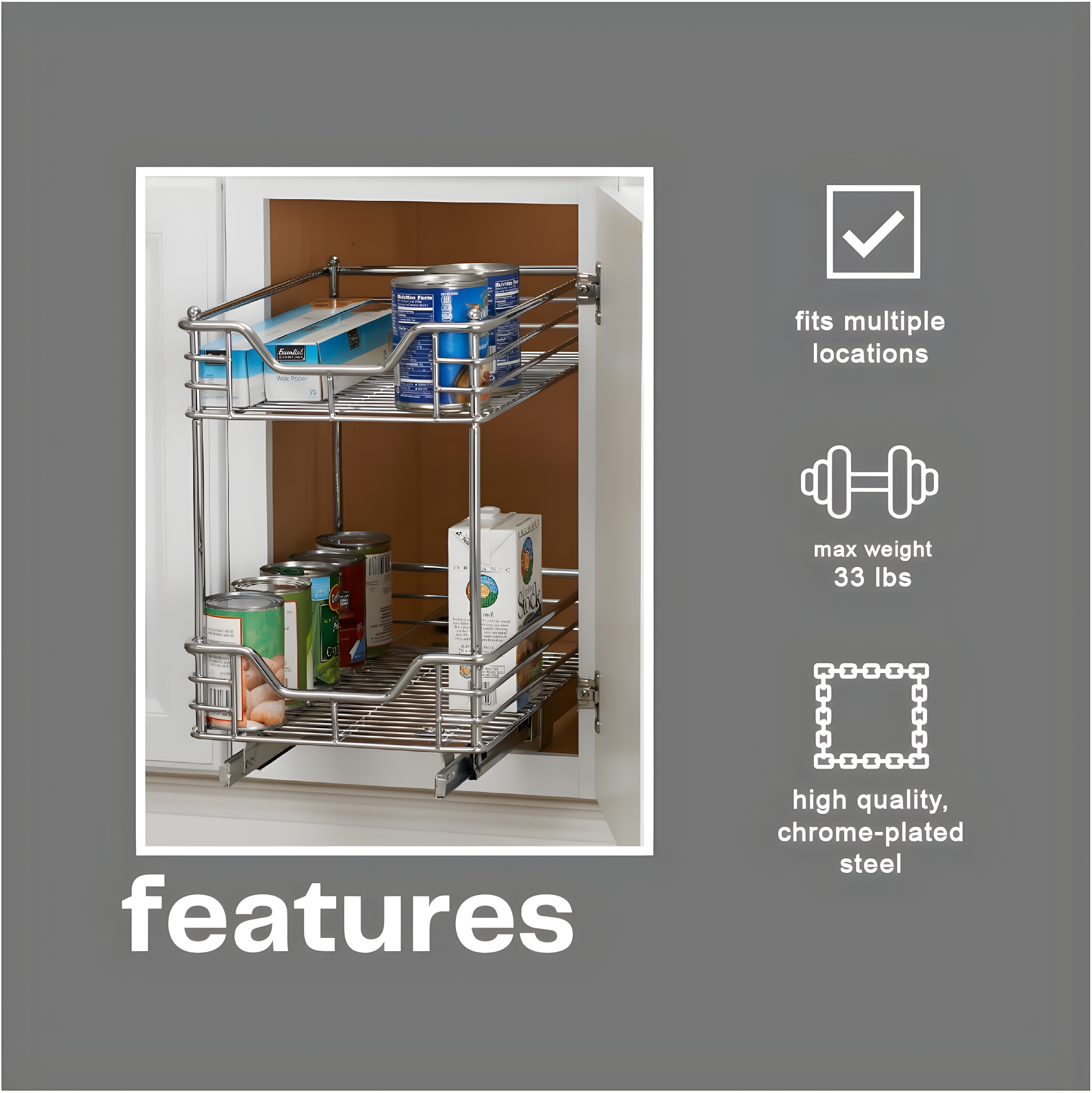 Glidez Multipurpose Chrome-Plated Steel Pull-Out/Slide-Out Storage Organizer for Under Cabinet Use - 2-Tier Design - Chrome