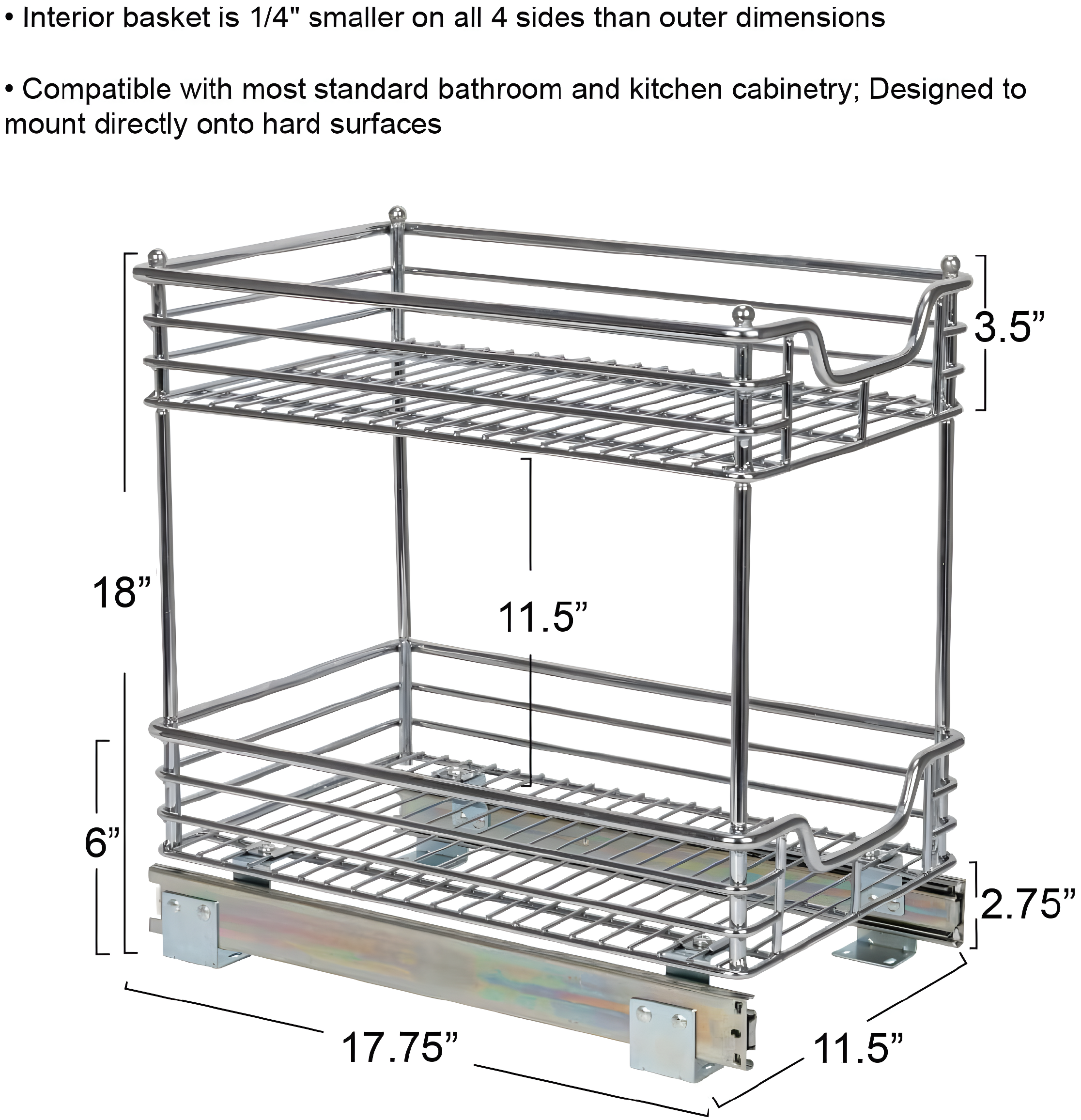 Glidez Multipurpose Chrome-Plated Steel Pull-Out/Slide-Out Storage Organizer for Under Cabinet Use - 2-Tier Design - Chrome