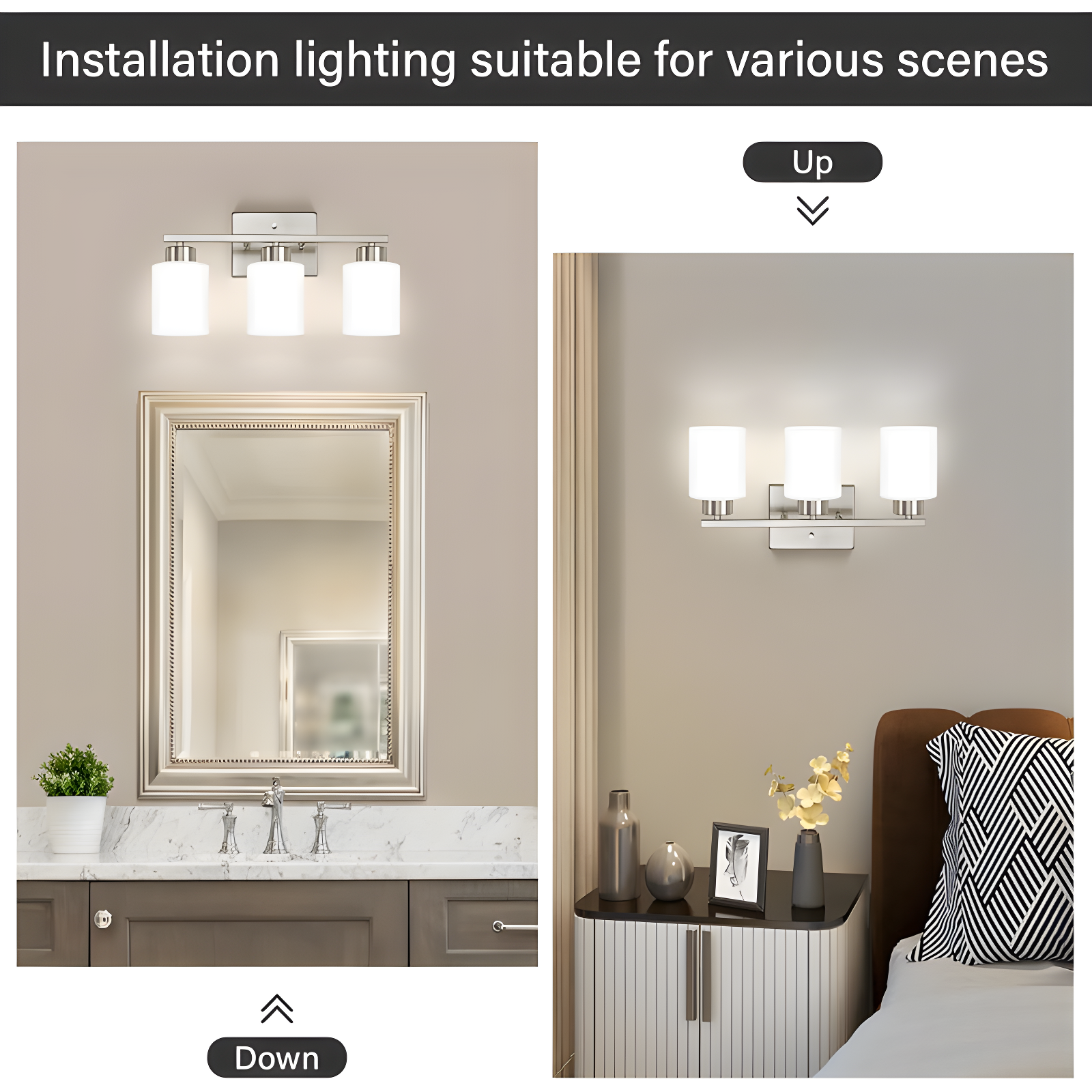 Brushed Nickel Bathroom Light Fixtures, 3-Light Modern Vanity Light Over Mirror