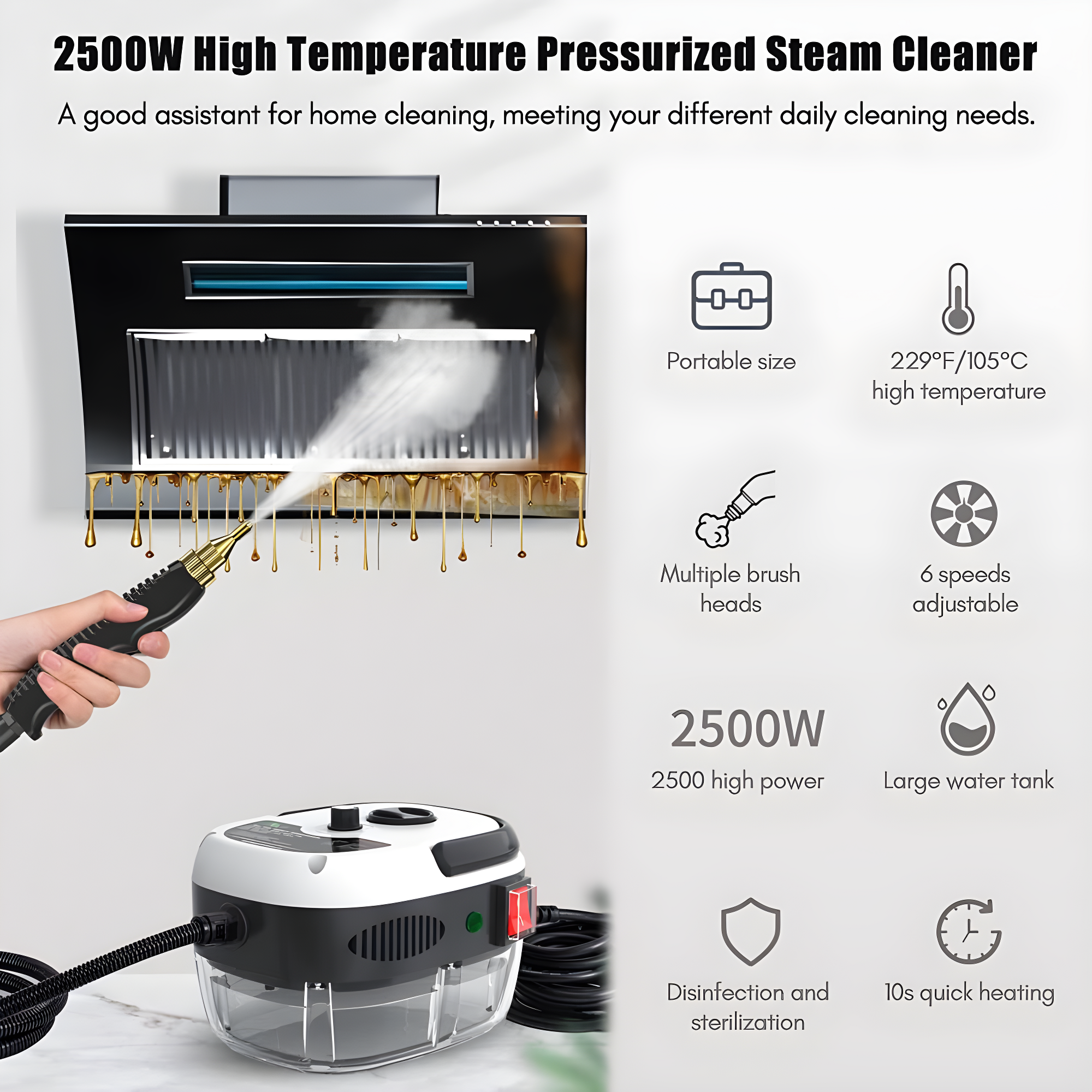 Handheld Pressurized Steam Cleaner,2500W Handheld High Temp Portable Cleaning Machine, Cleaning for Couch, Auto, Floor and More