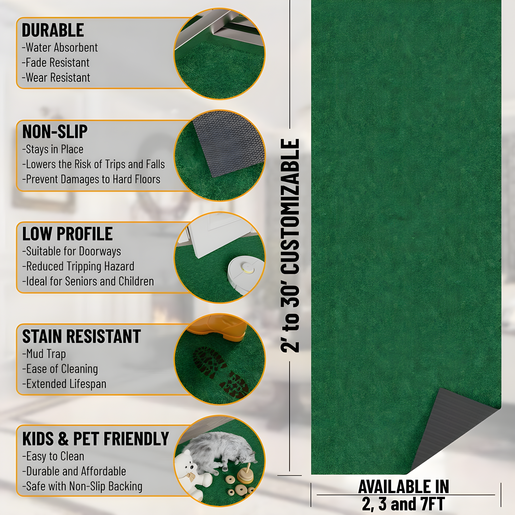 Green Polyester Non-Slip Indoor/Outdoor Runner Rug 3x6