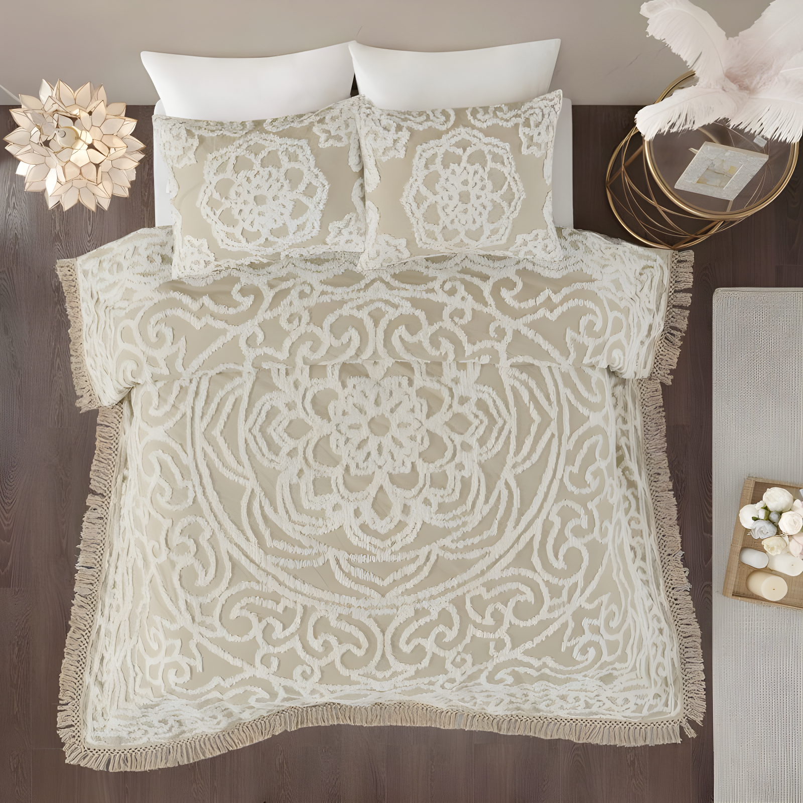 Madison Park Laetitia Tufted Chenille Cotton Medallion Fringe Coverlet Set