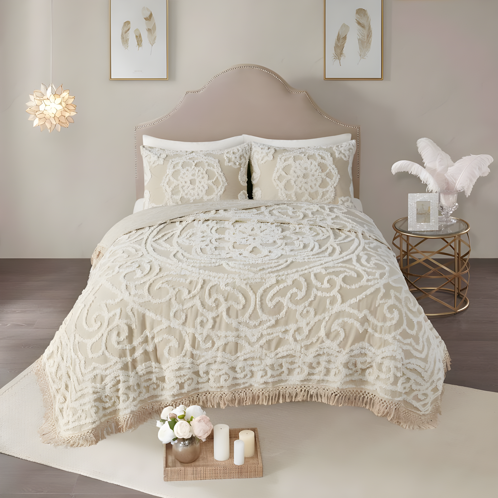 Madison Park Laetitia Tufted Chenille Cotton Medallion Fringe Coverlet Set