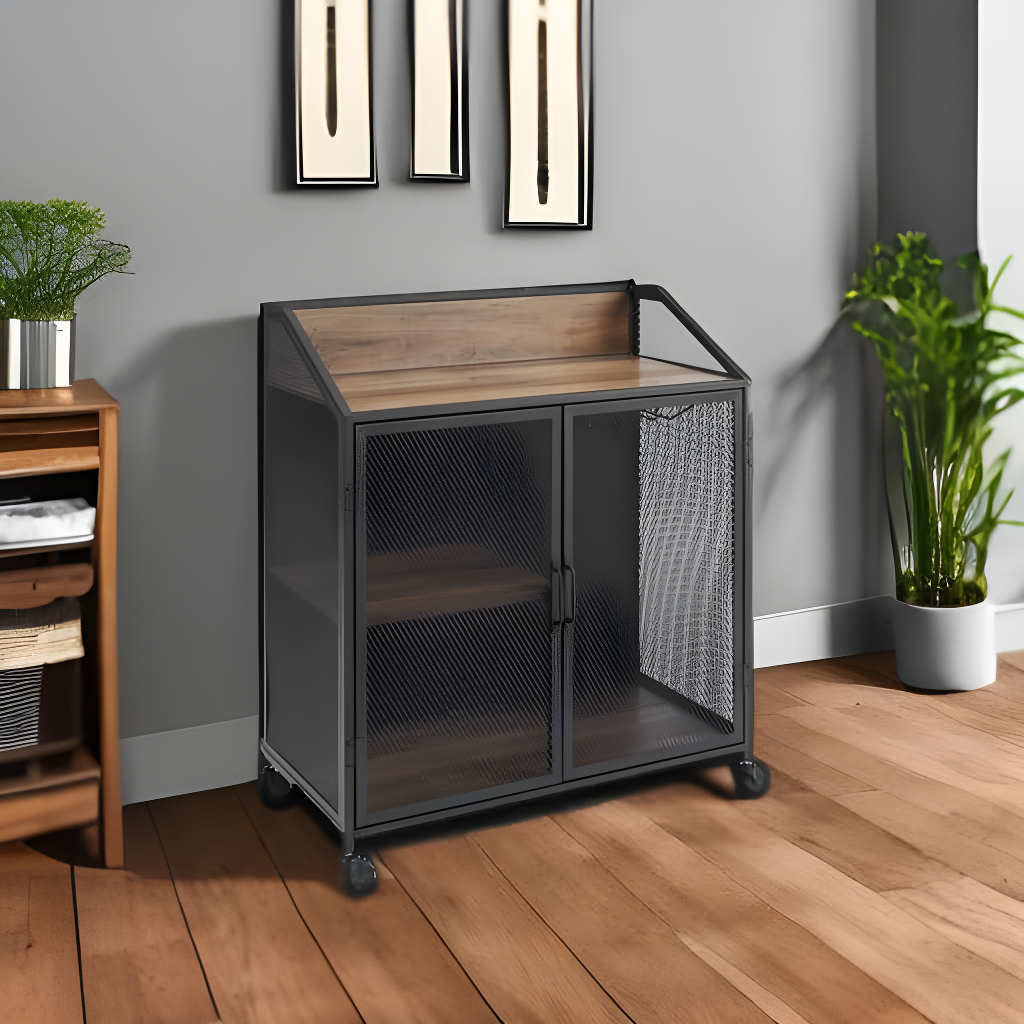 Walker Edison Industrial Bar Cabinet with Wheels, Reclaimed Barn wood