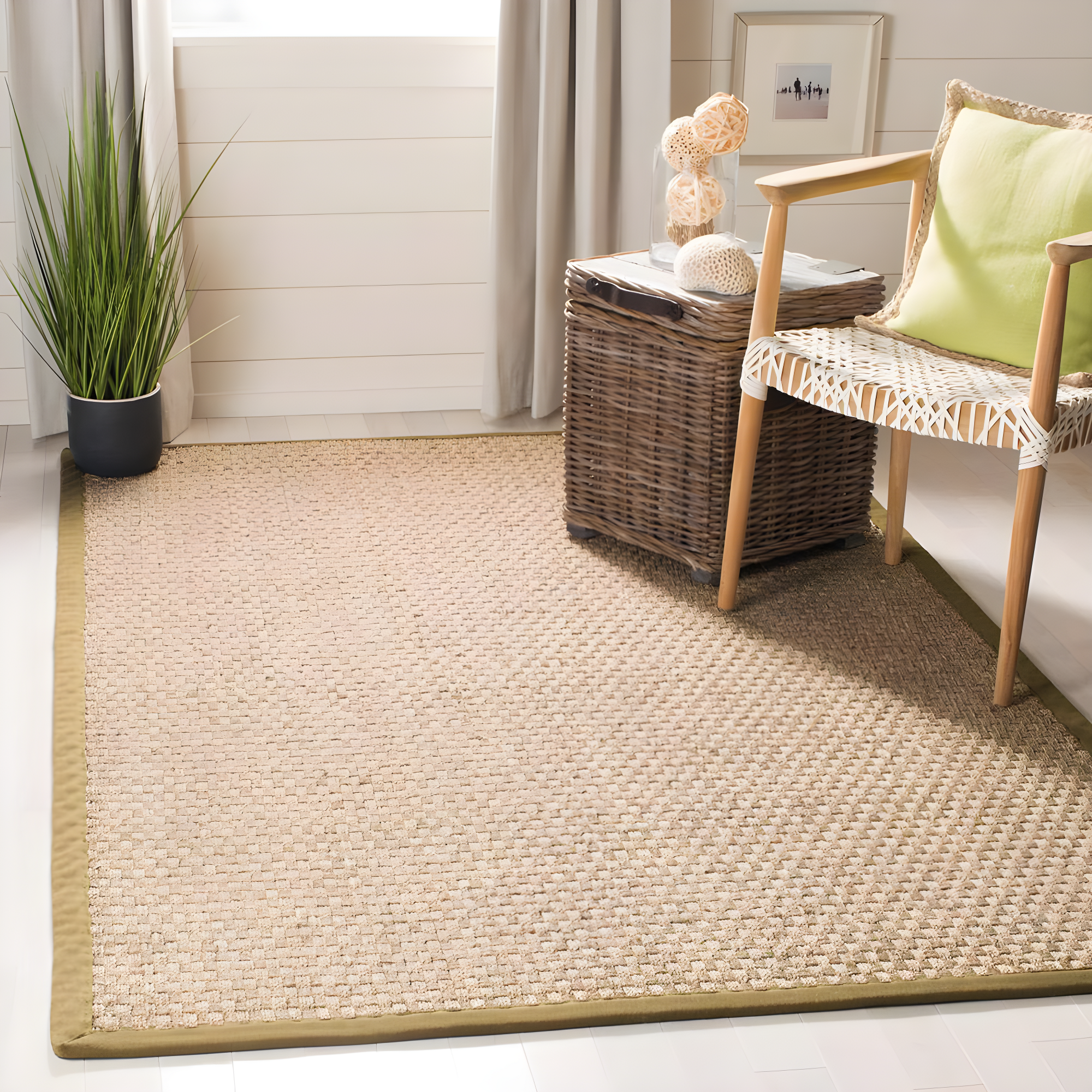 SAFAVIEH Natural Fiber Arbor Border Area Rug, Natural/Olive, 6' x 9'