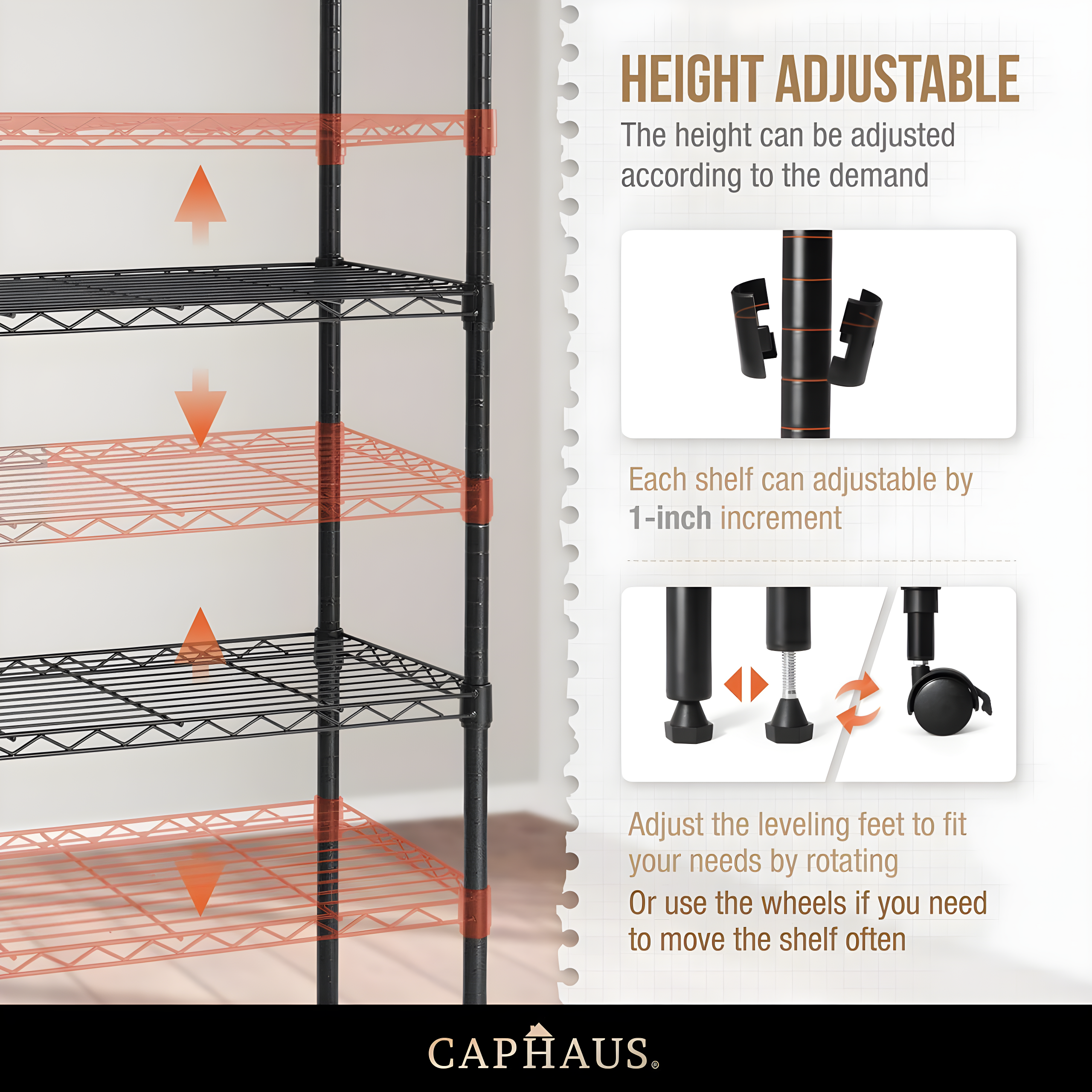 CAPHAUS NSF Commercial Grade Heavy Duty Wire Shelving w/ Wheels, w/ Liner, 36 x 18 x 76 5-Tier