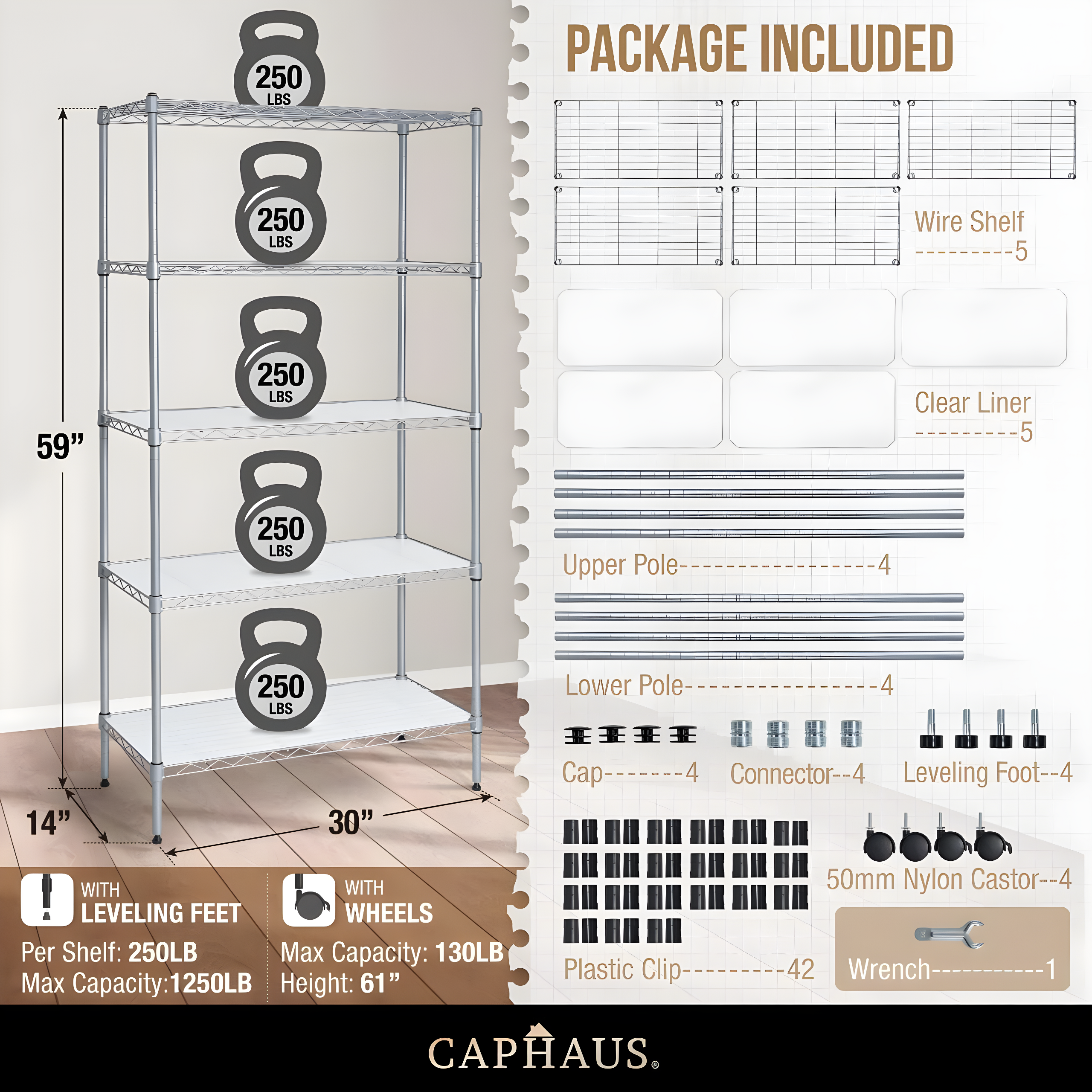 CAPHAUS NSF Commercial Grade Heavy Duty Wire Shelving w/ Wheels, w/ Liner, 36 x 18 x 76 5-Tier