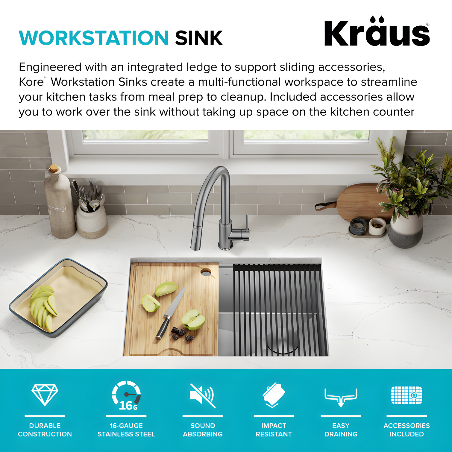KRAUS Kore™ 28" L Undermount Workstation 16 Gauge Stainless Steel Single Bowl Kitchen Sink with Accessories