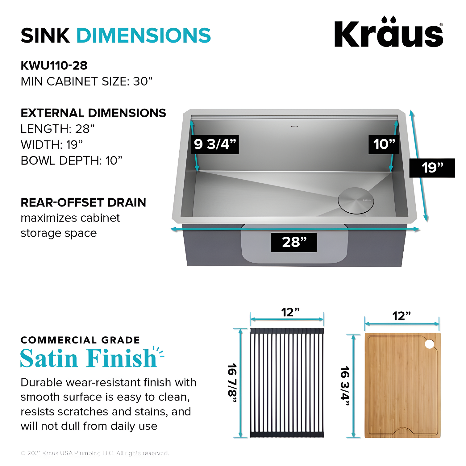 KRAUS Kore™ 28" L Undermount Workstation 16 Gauge Stainless Steel Single Bowl Kitchen Sink with Accessories