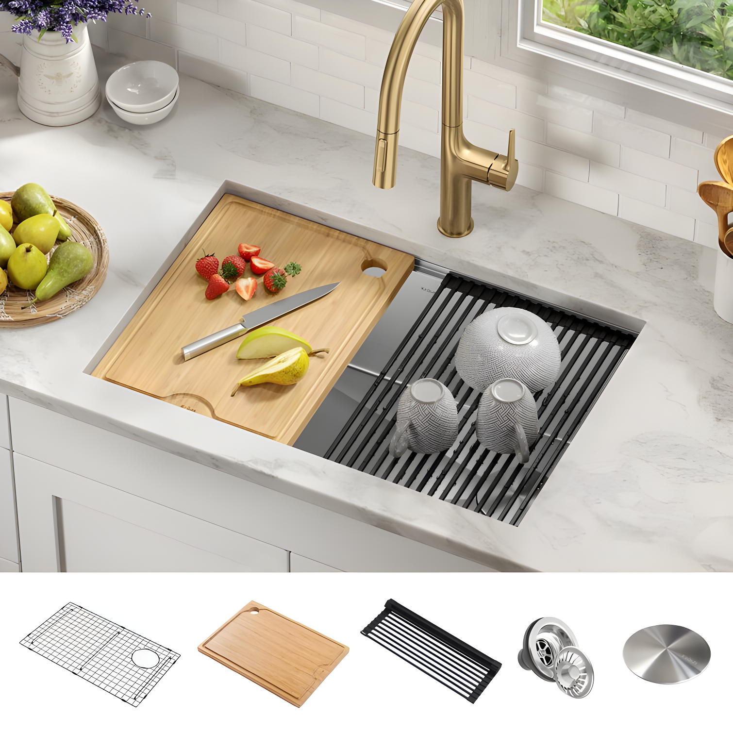 KRAUS Kore™ 28" L Undermount Workstation 16 Gauge Stainless Steel Single Bowl Kitchen Sink with Accessories