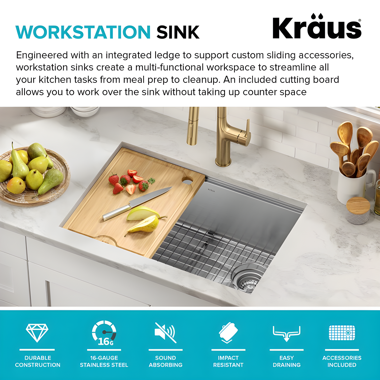 KRAUS Kore™ 28" L Undermount Workstation 16 Gauge Stainless Steel Single Bowl Kitchen Sink with Accessories