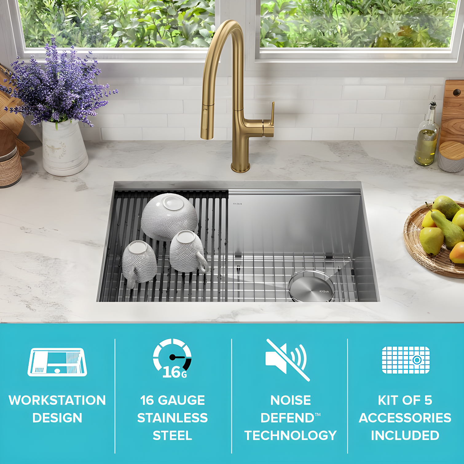 KRAUS Kore™ 28" L Undermount Workstation 16 Gauge Stainless Steel Single Bowl Kitchen Sink with Accessories