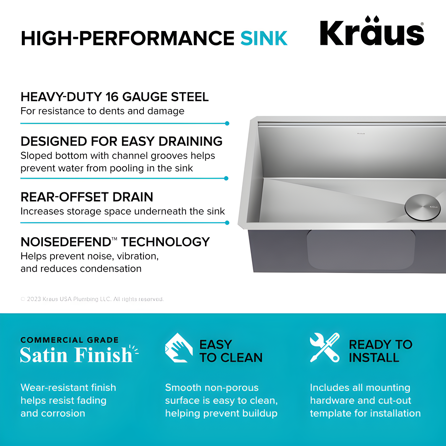 KRAUS Kore™ 28" L Undermount Workstation 16 Gauge Stainless Steel Single Bowl Kitchen Sink with Accessories