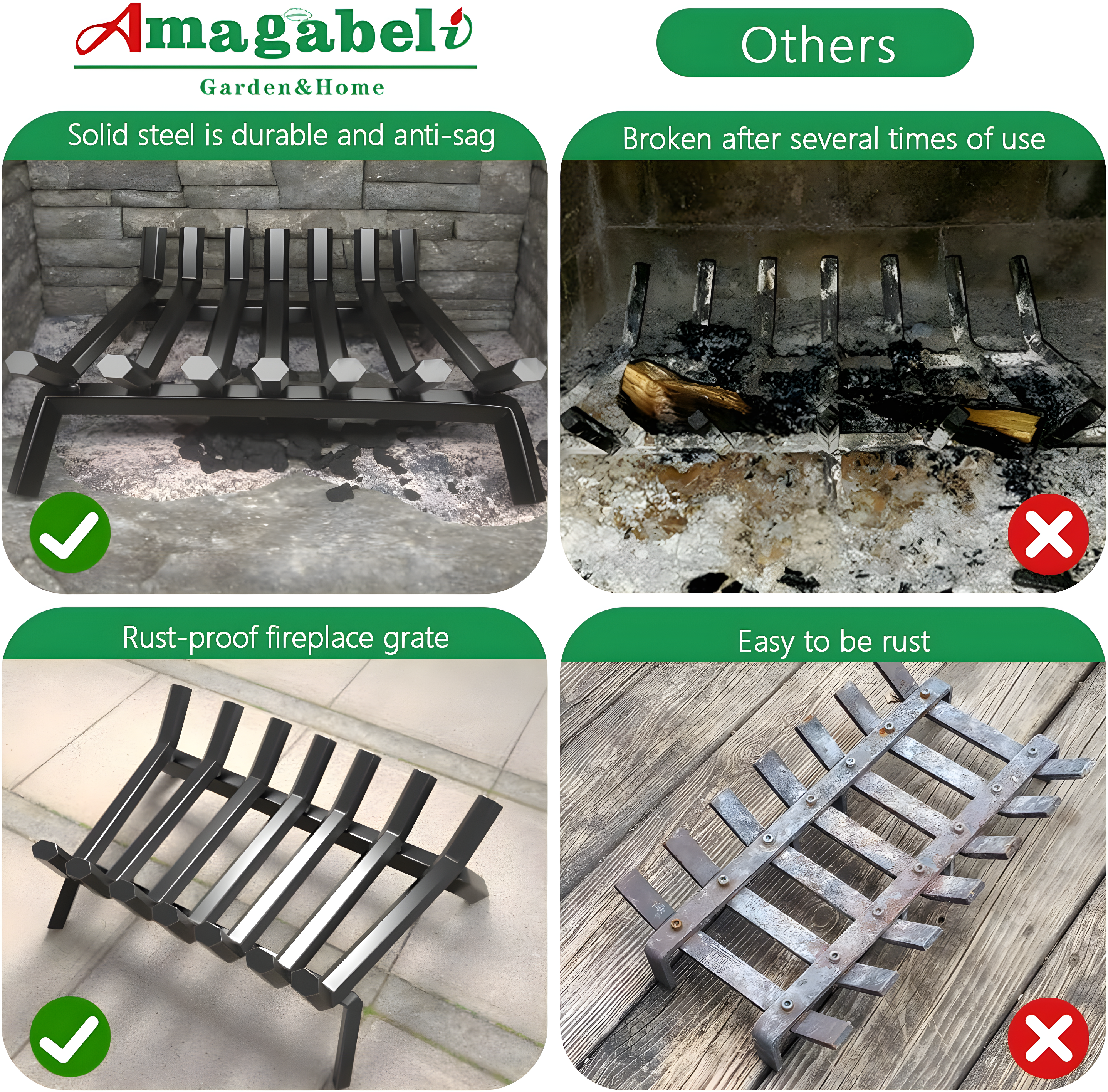 Fireplace Log Grate 30 inch Wrought Iron Fire Place Grates Heavy Duty Solid Steel Indoor Chimney Hearth 3/4" Bar Outdoor Firepit Wood Stove Firewood Burning Rack Holder