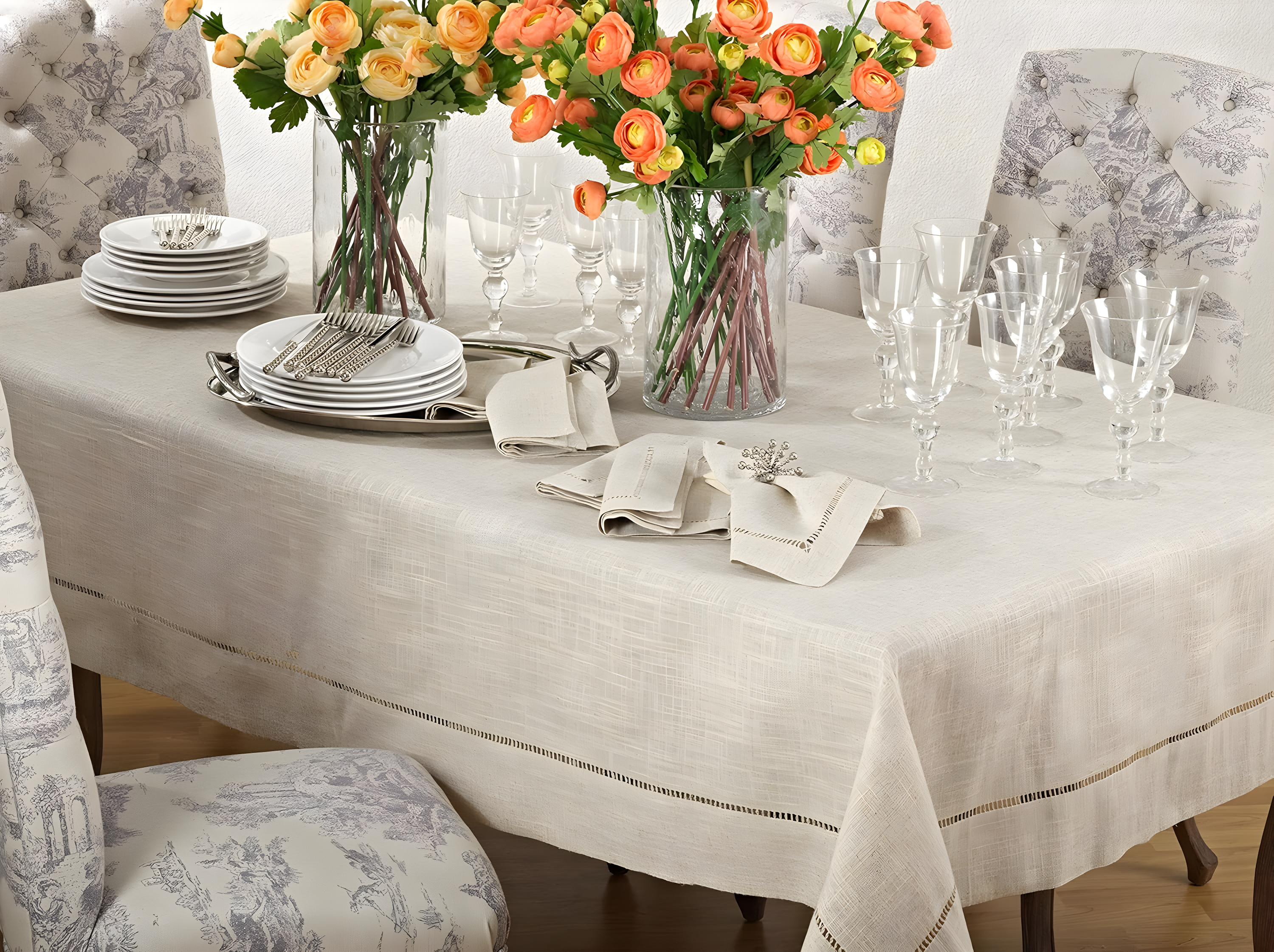 Saro Lifestyle Natural Toscana Tablecloth With Hemstitched Border, Natural, 65" x 120"