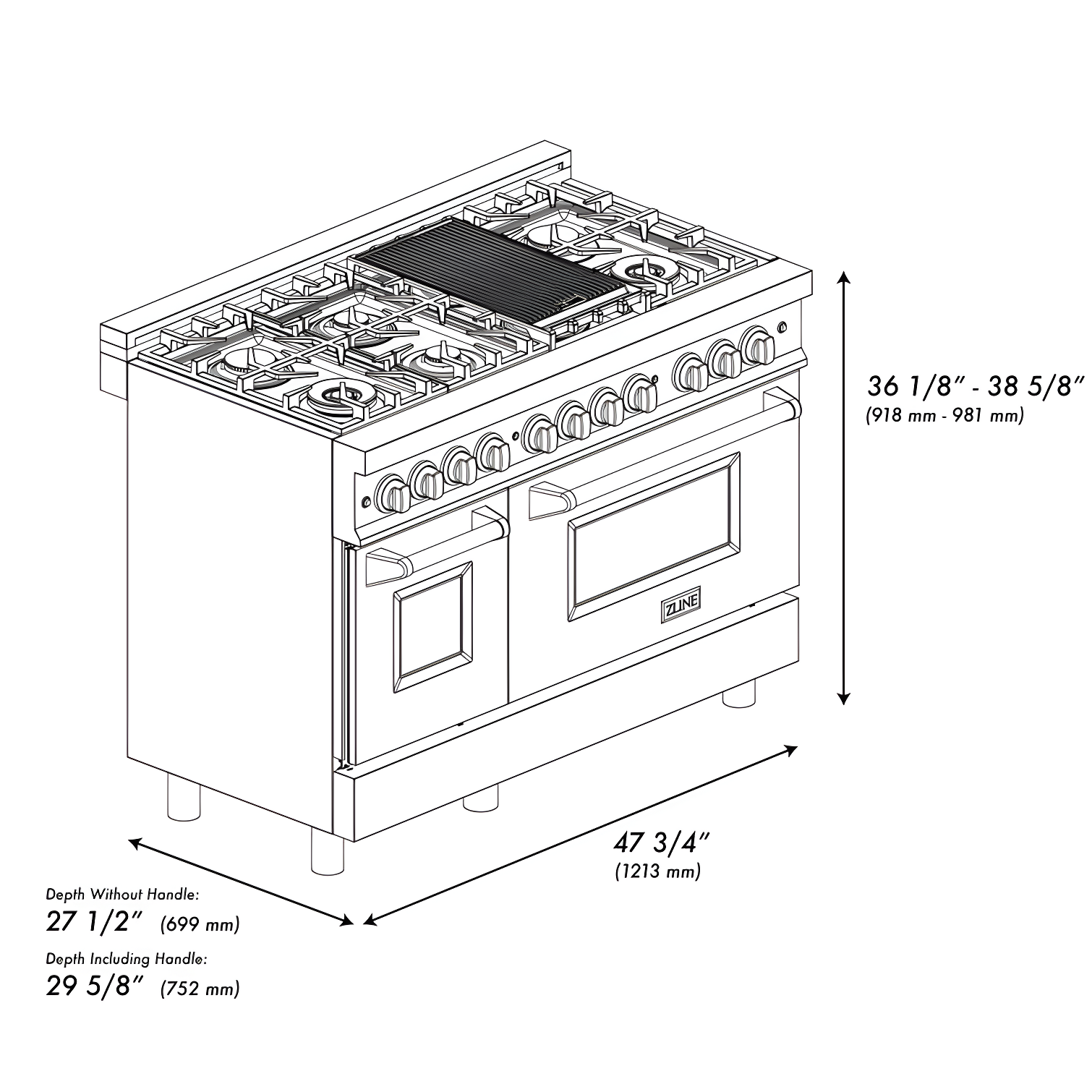 ZLINE 48 in. Legacy Dual Fuel Range w/ 7 Burner Cooktop & 2 Ovens w/ Doors