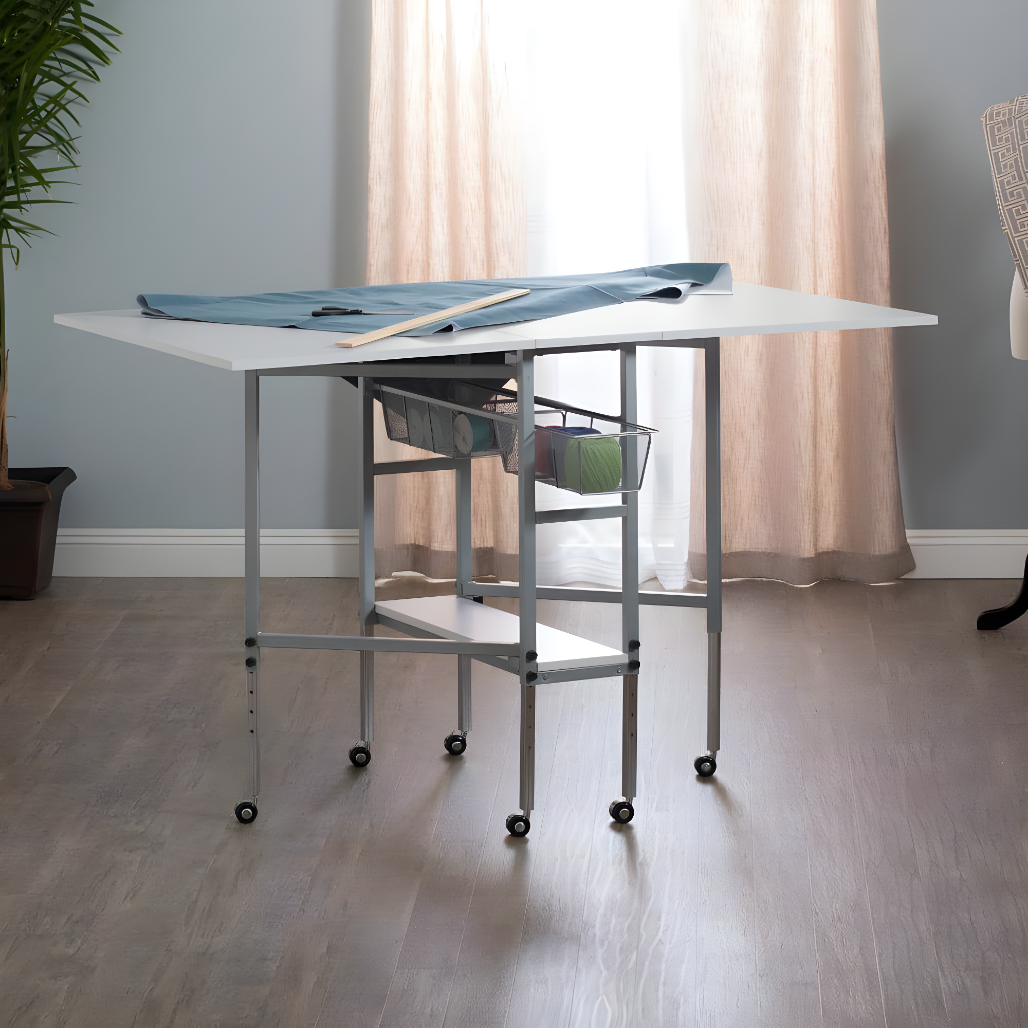 Sew Ready 58.75'' x 36.5'' Foldable Sewing Table with Sewing Machine Platform and Wheels
