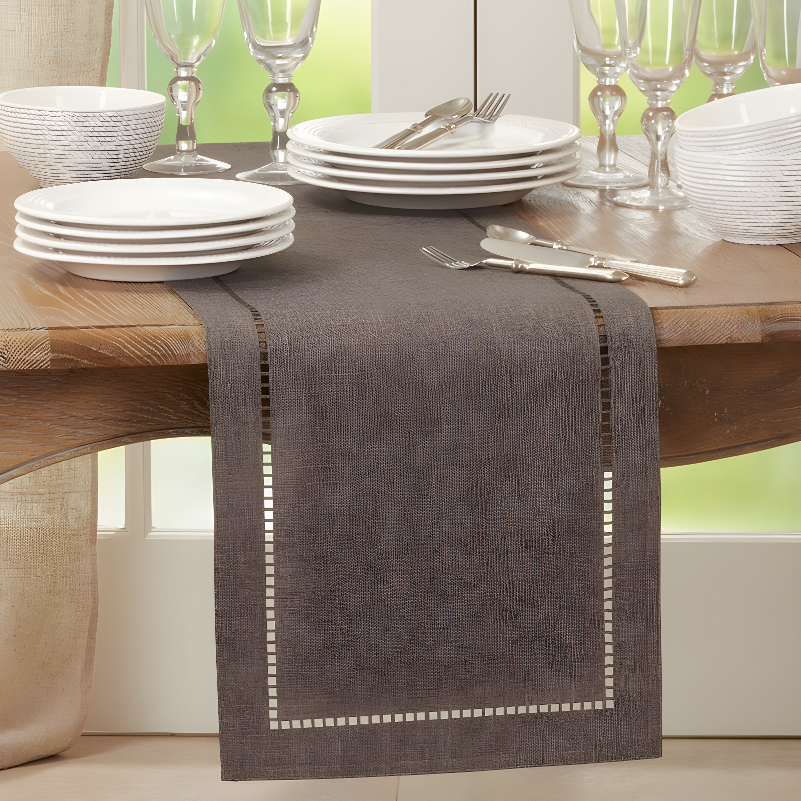 Saro Lifestyle Dining Table Runner With Laser-Cut Hemstitch Design, Charcoal, 14" x 54"