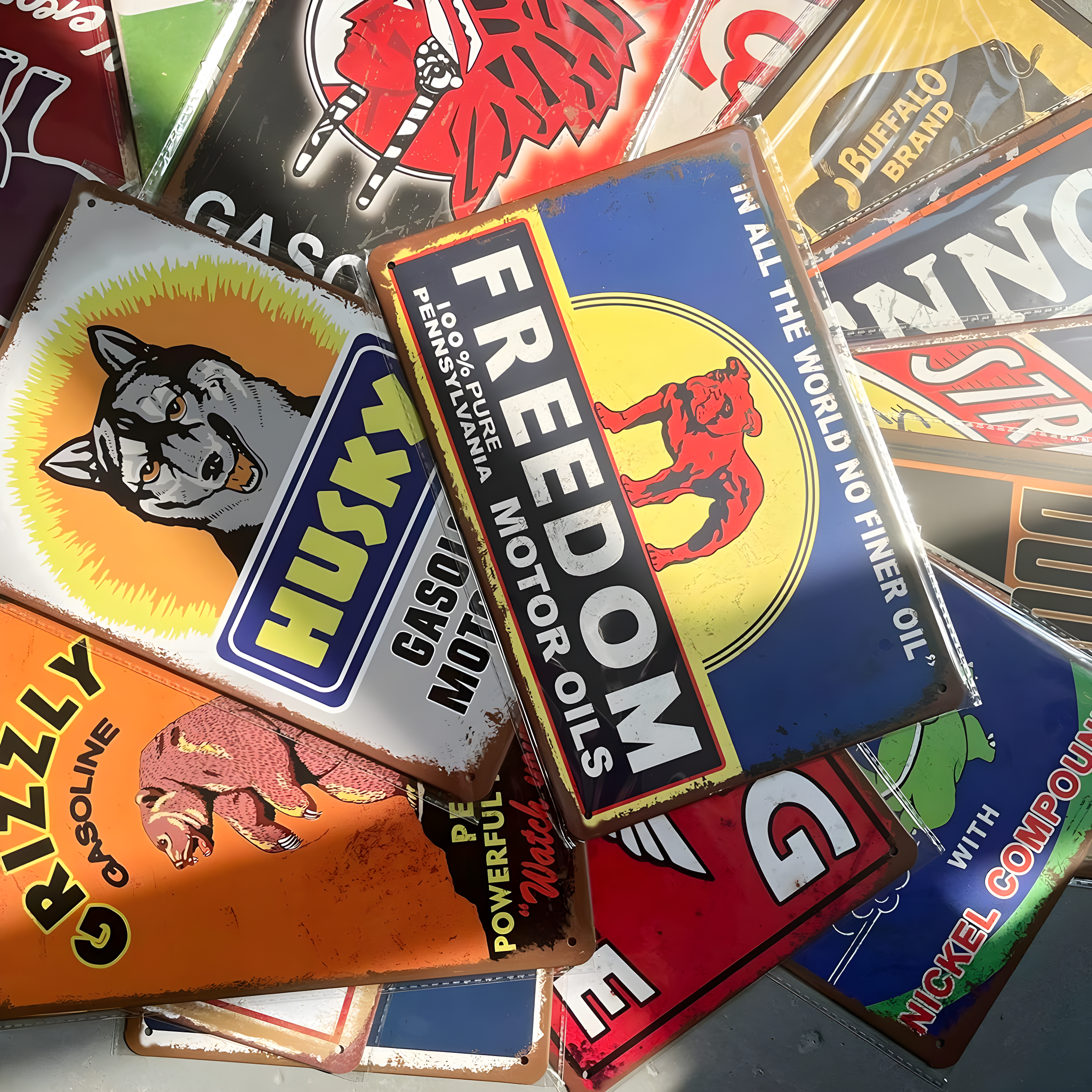 Reproduced Vintage Tin Sign Pack, Gas Oil Retro Advert Antique Metal Signs for Garage Man Cave Bar Kitchen, Nostalgic Car Decor, 8x12 Inch (35 Pieces A)