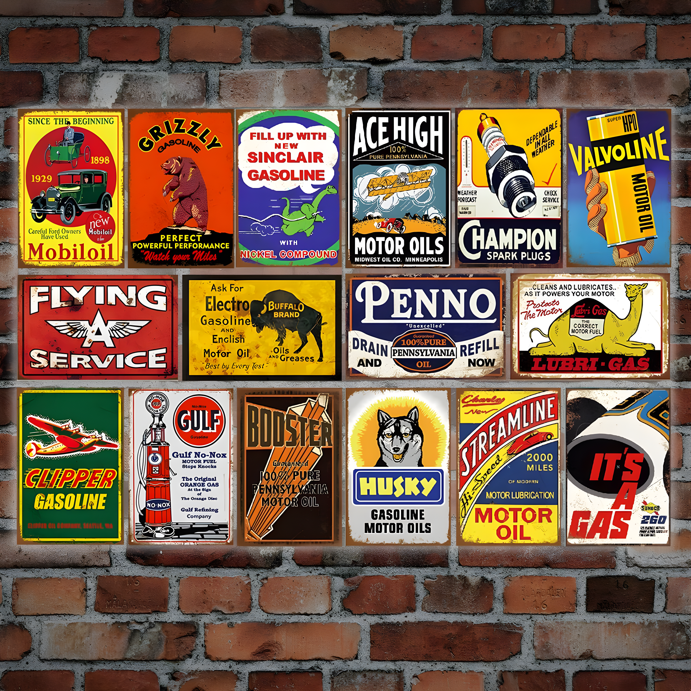 Reproduced Vintage Tin Sign Pack, Gas Oil Retro Advert Antique Metal Signs for Garage Man Cave Bar Kitchen, Nostalgic Car Decor, 8x12 Inch (35 Pieces A)