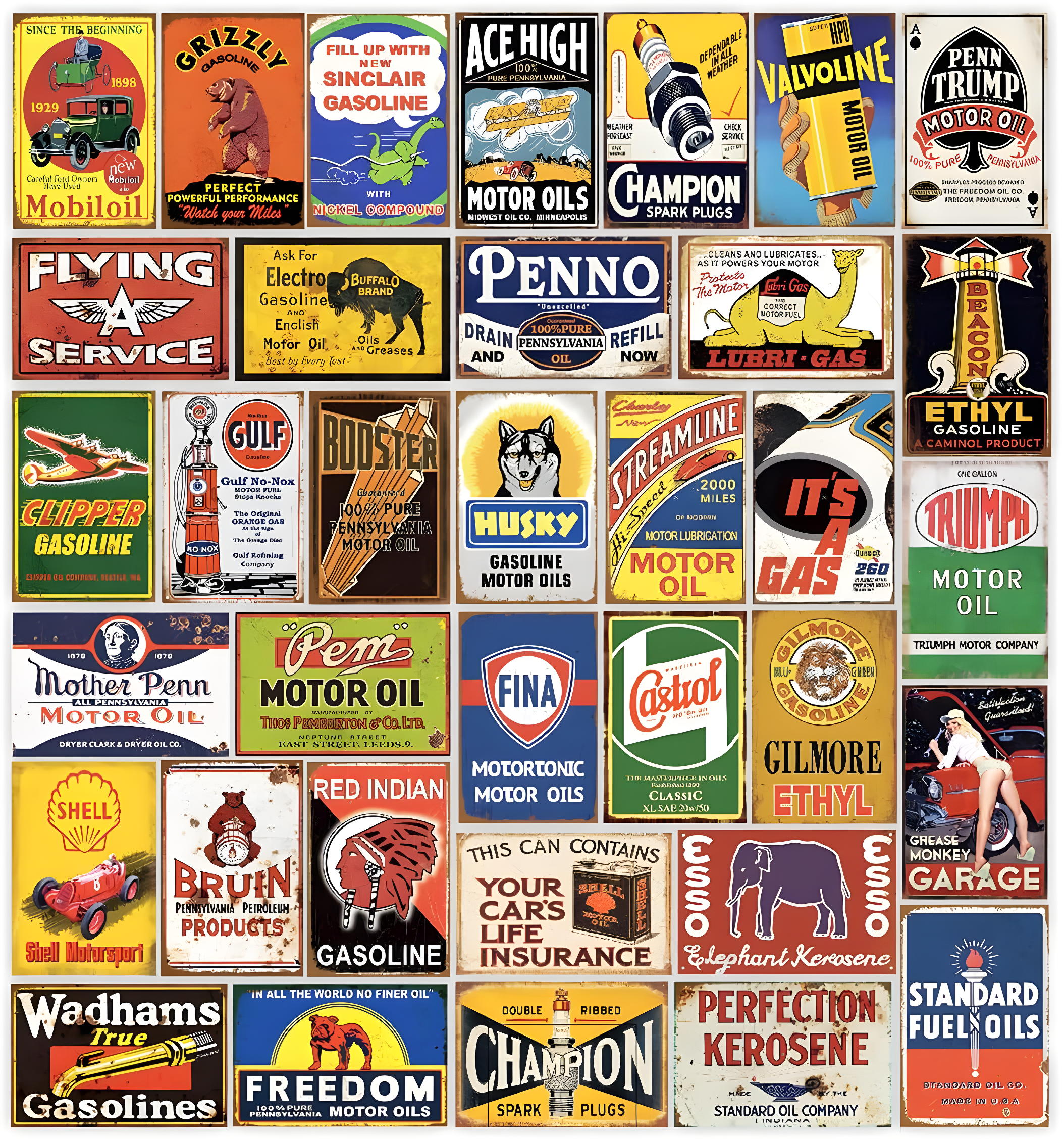 Reproduced Vintage Tin Sign Pack, Gas Oil Retro Advert Antique Metal Signs for Garage Man Cave Bar Kitchen, Nostalgic Car Decor, 8x12 Inch (35 Pieces A)