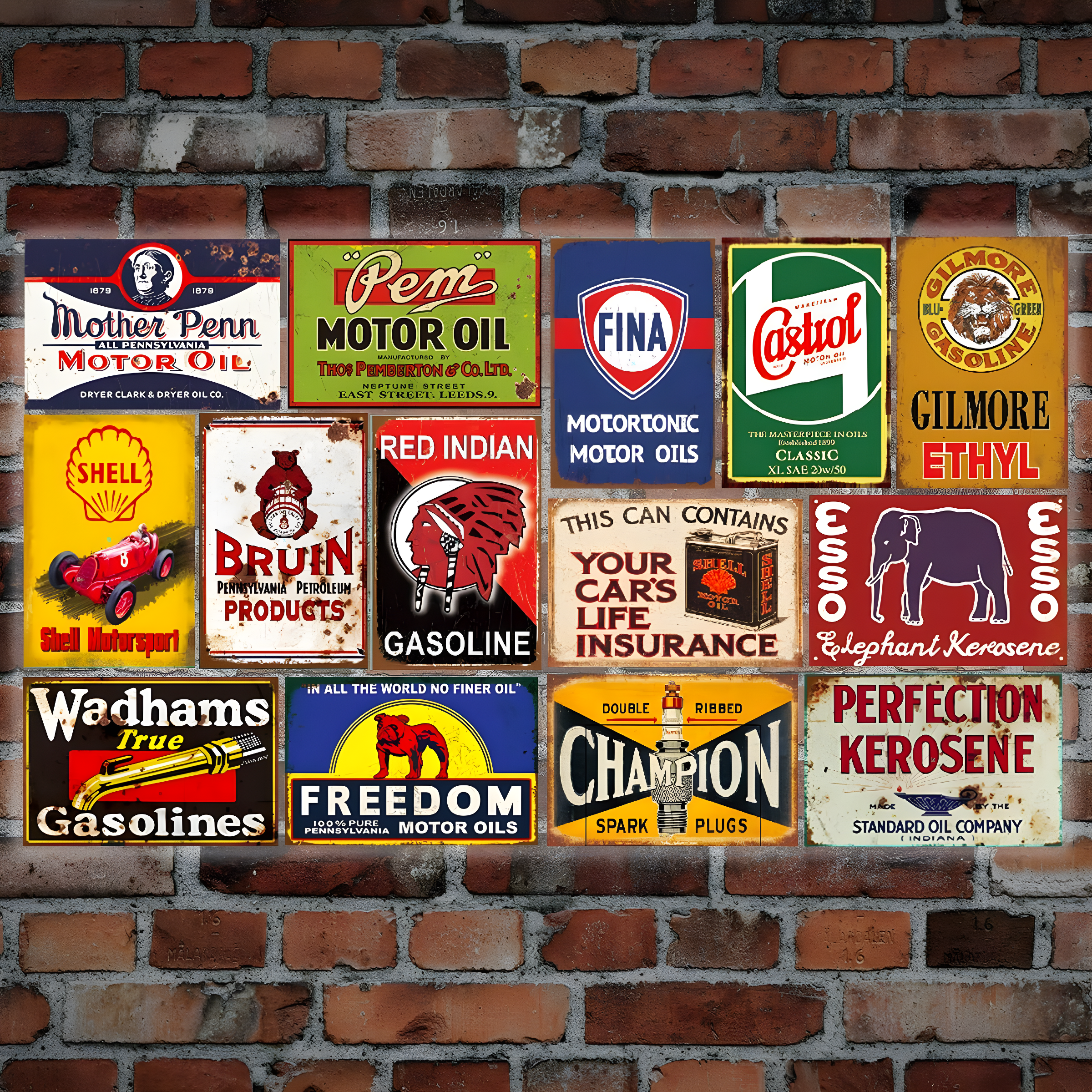Reproduced Vintage Tin Sign Pack, Gas Oil Retro Advert Antique Metal Signs for Garage Man Cave Bar Kitchen, Nostalgic Car Decor, 8x12 Inch (35 Pieces A)