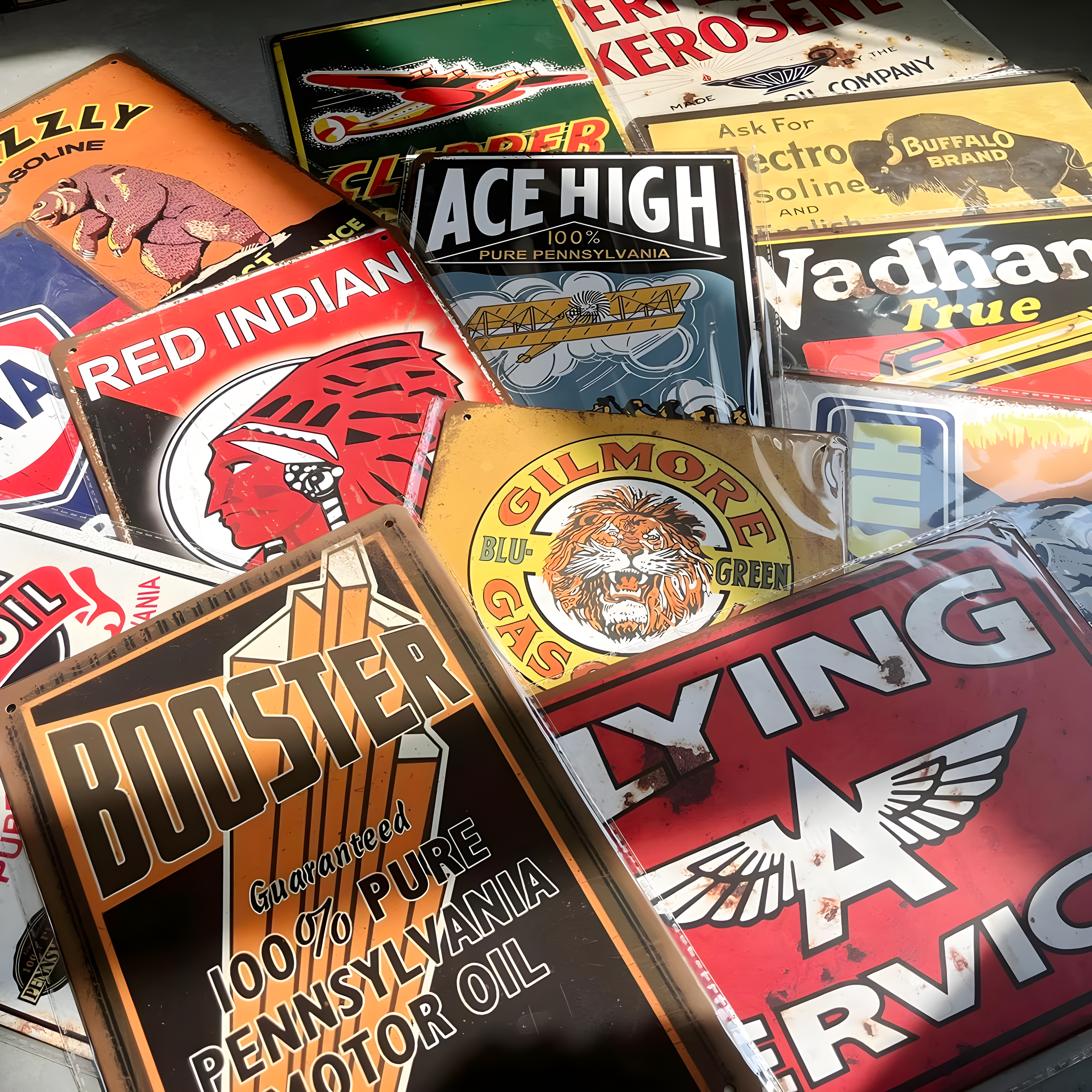 Reproduced Vintage Tin Sign Pack, Gas Oil Retro Advert Antique Metal Signs for Garage Man Cave Bar Kitchen, Nostalgic Car Decor, 8x12 Inch (35 Pieces A)