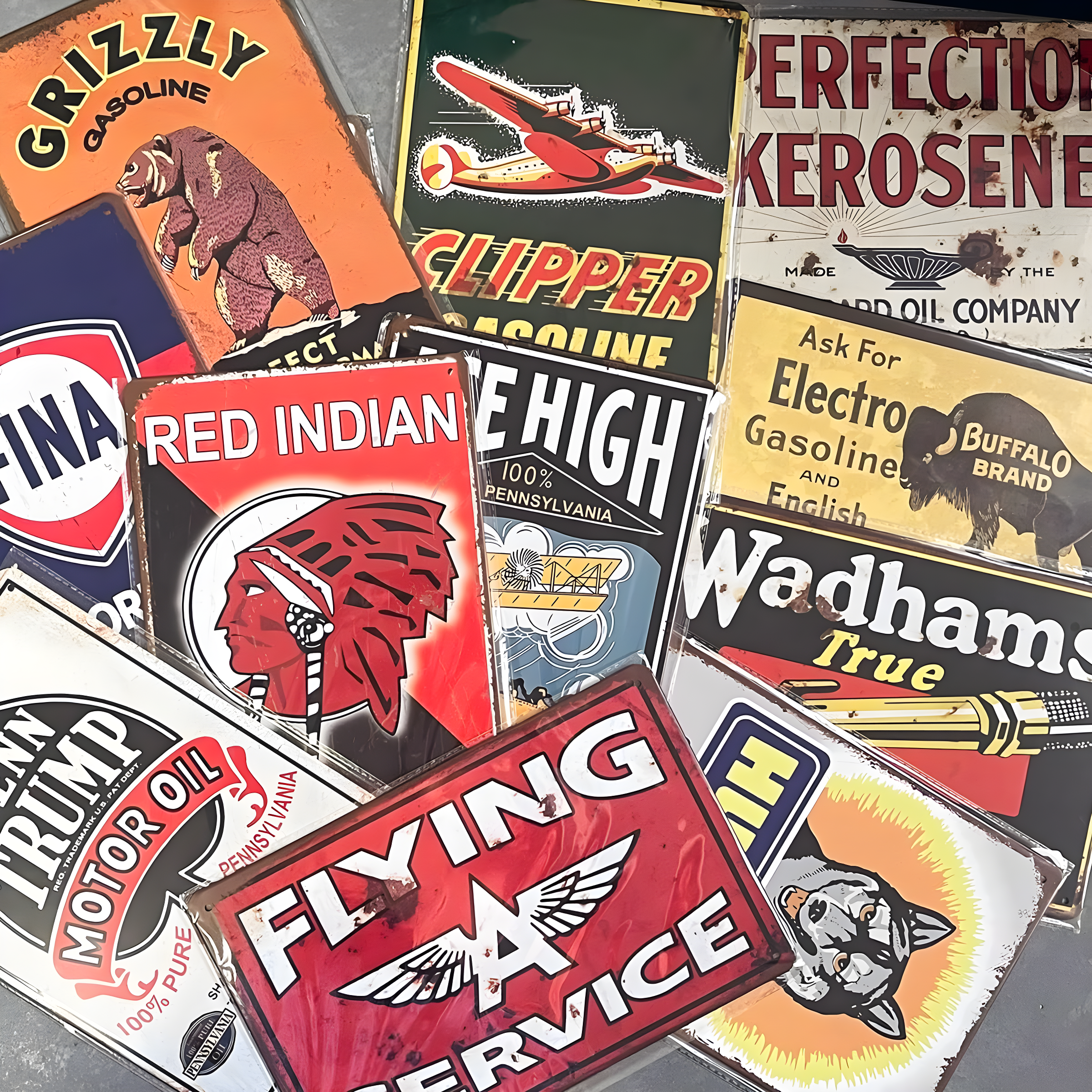 Reproduced Vintage Tin Sign Pack, Gas Oil Retro Advert Antique Metal Signs for Garage Man Cave Bar Kitchen, Nostalgic Car Decor, 8x12 Inch (35 Pieces A)