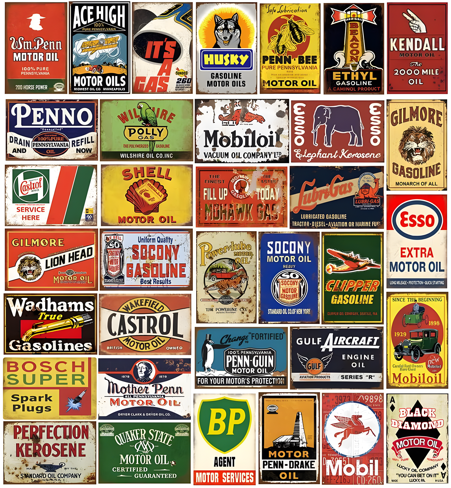 Reproduced Vintage Tin Sign Pack, Gas Oil Retro Advert Antique Metal Signs for Garage Man Cave Bar Kitchen, Nostalgic Car Decor, 8x12 Inch (35 Pieces A)