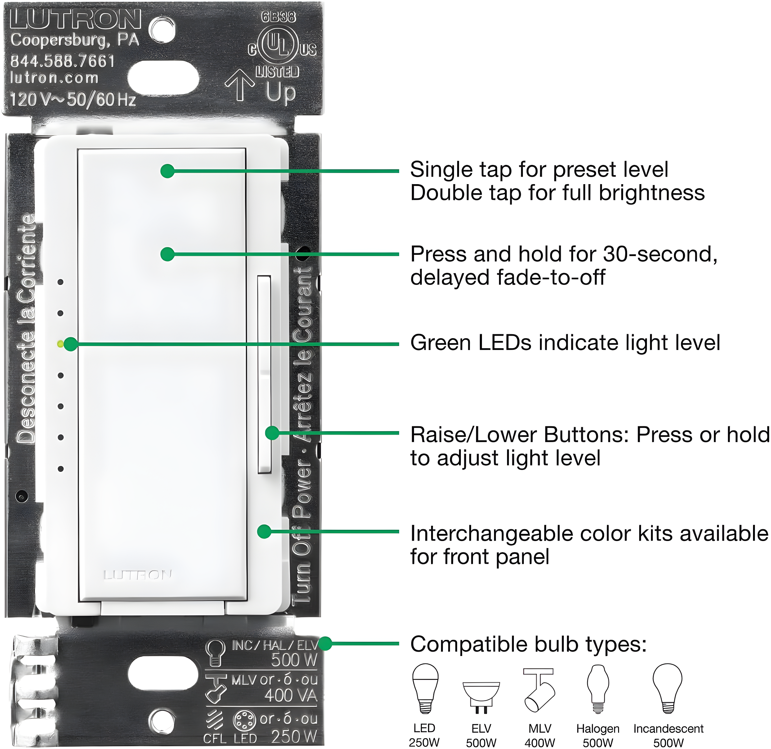 Lutron 26176 - 120 volt 50/60 Hz White Single-Pole / 3-Way 3-Wire Fluorescent/LED Wall Dimmer Switch